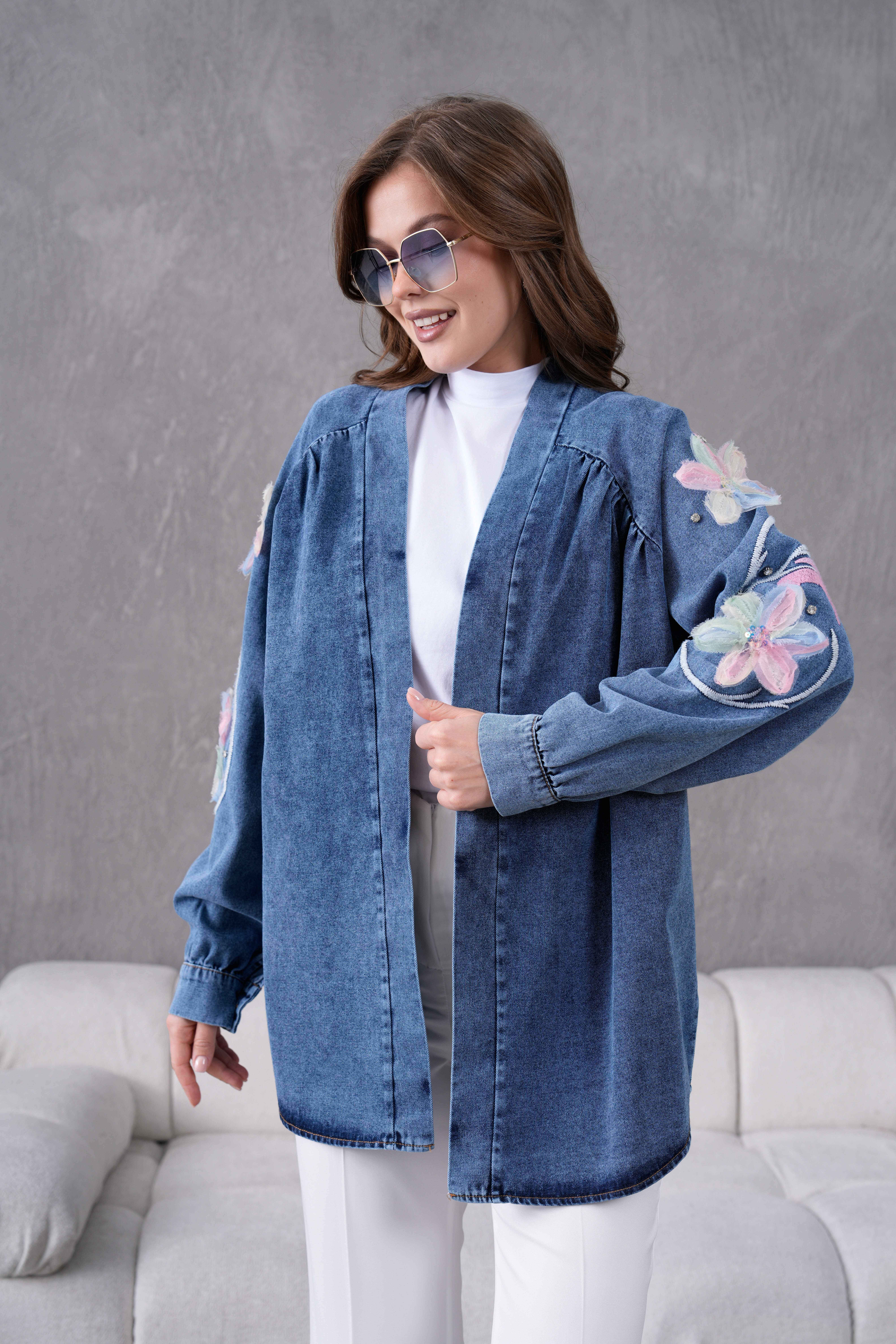 Melisa İşlemeli Kot Kimono - Lacivert
