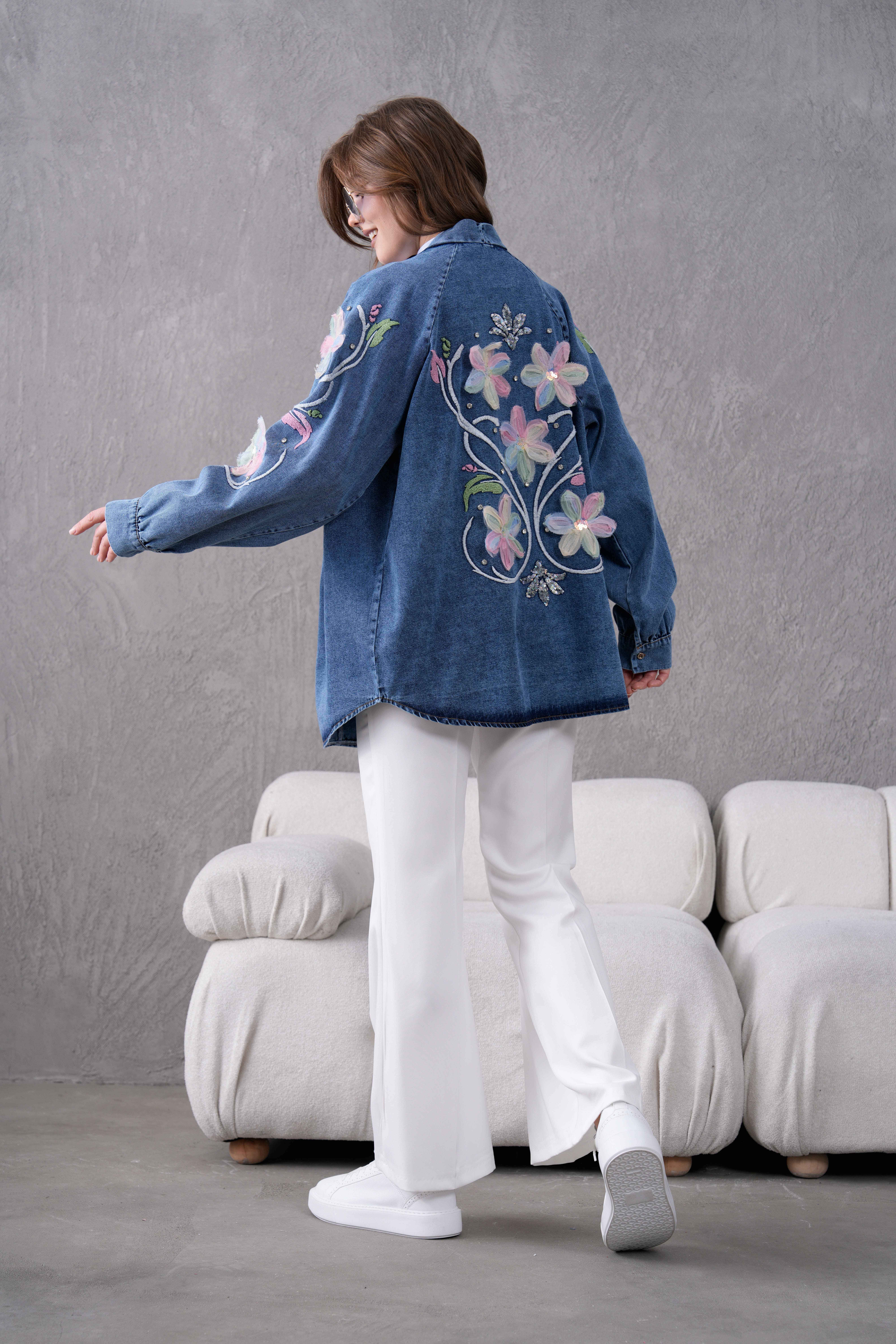 Melisa İşlemeli Kot Kimono - Lacivert