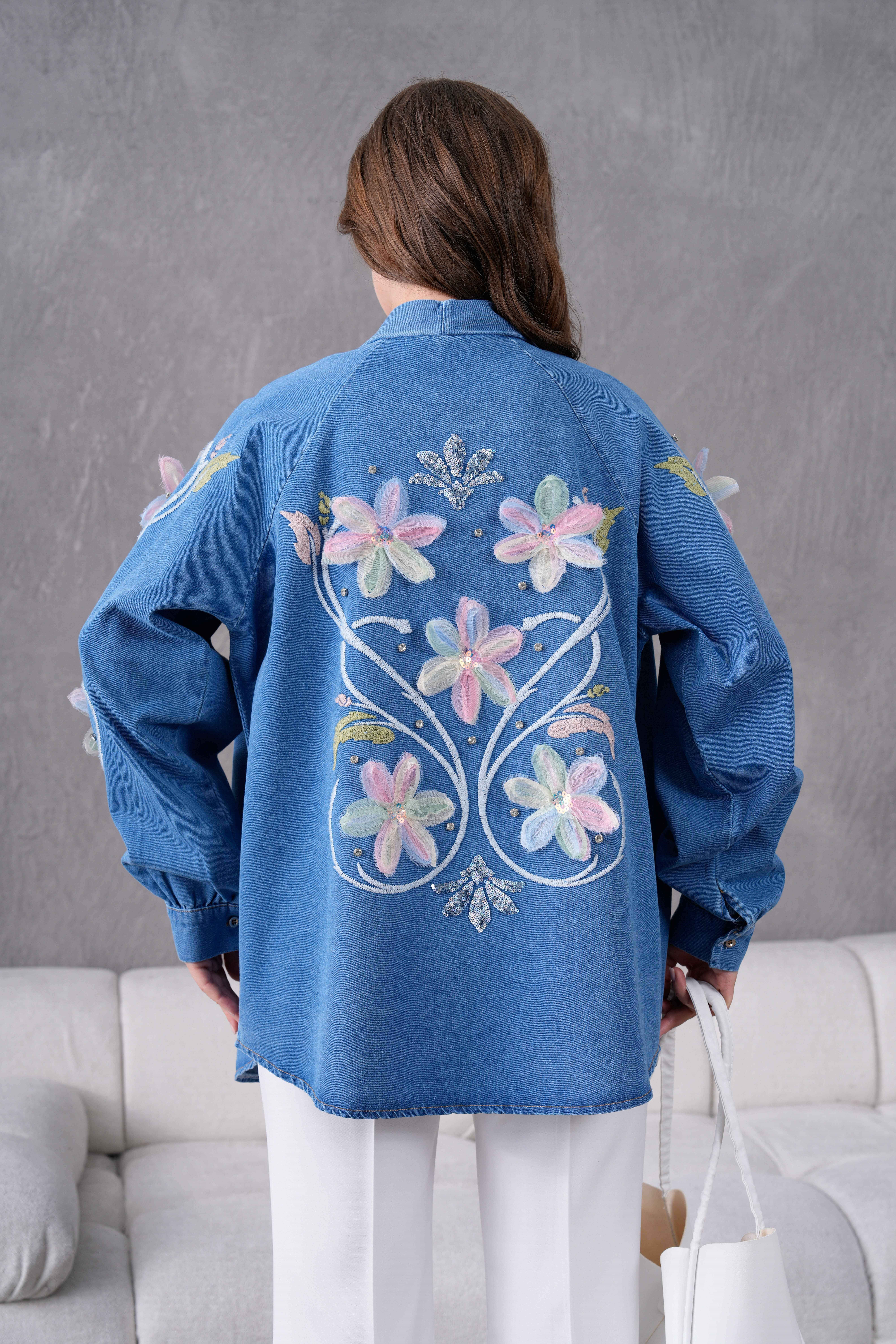 Melisa İşlemeli Kot Kimono - Mavi