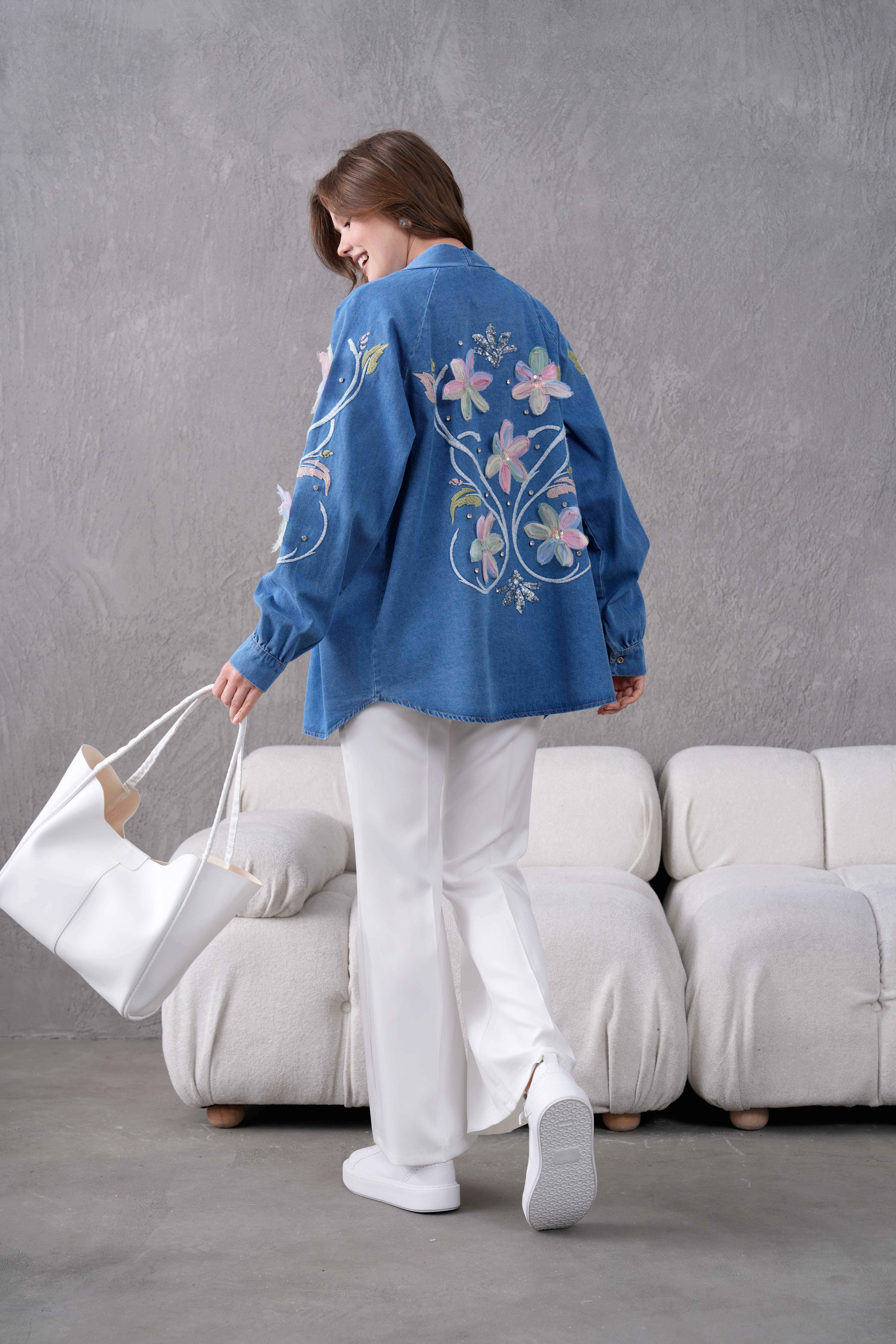 Melisa İşlemeli Kot Kimono - Mavi