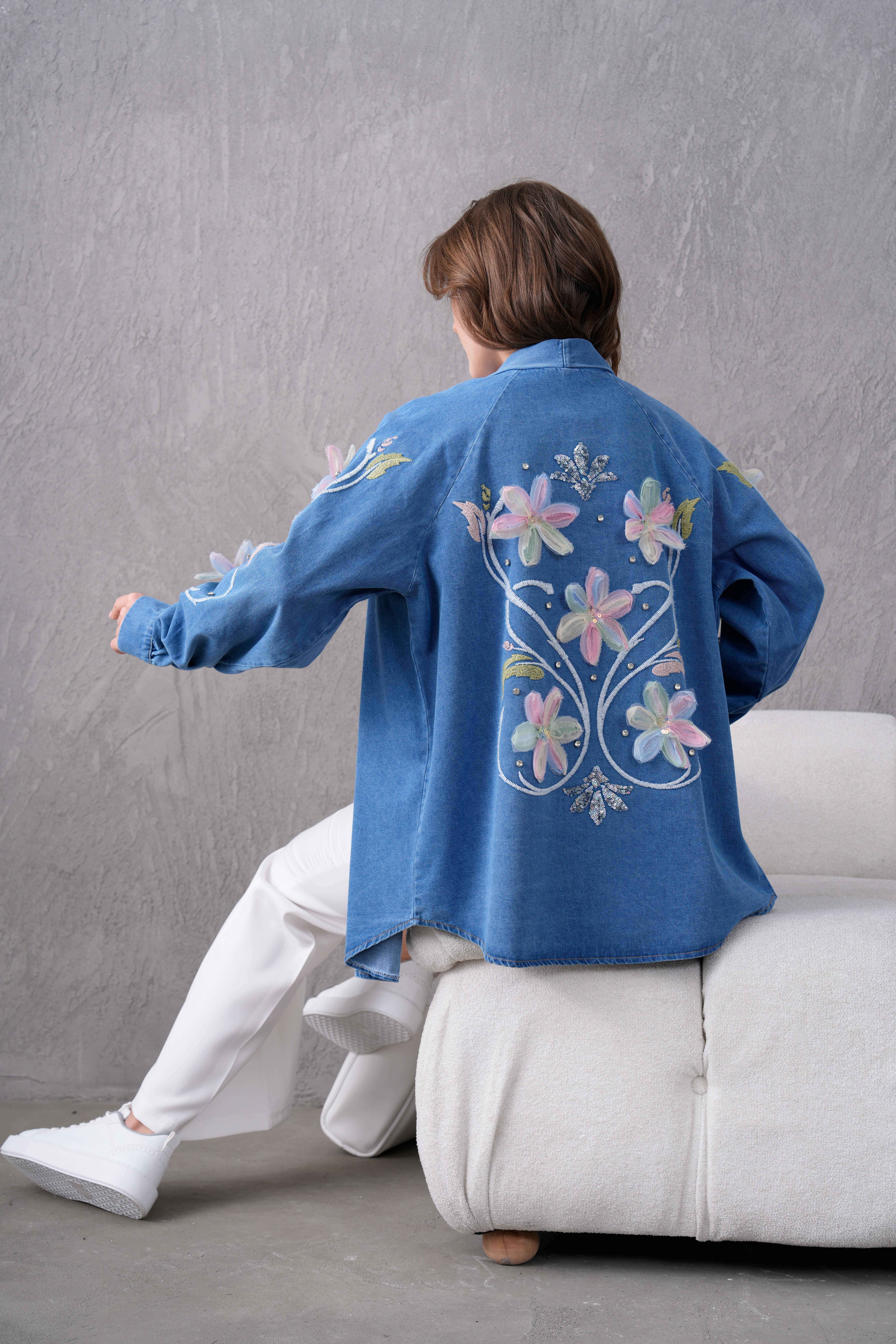 Melisa İşlemeli Kot Kimono - Mavi