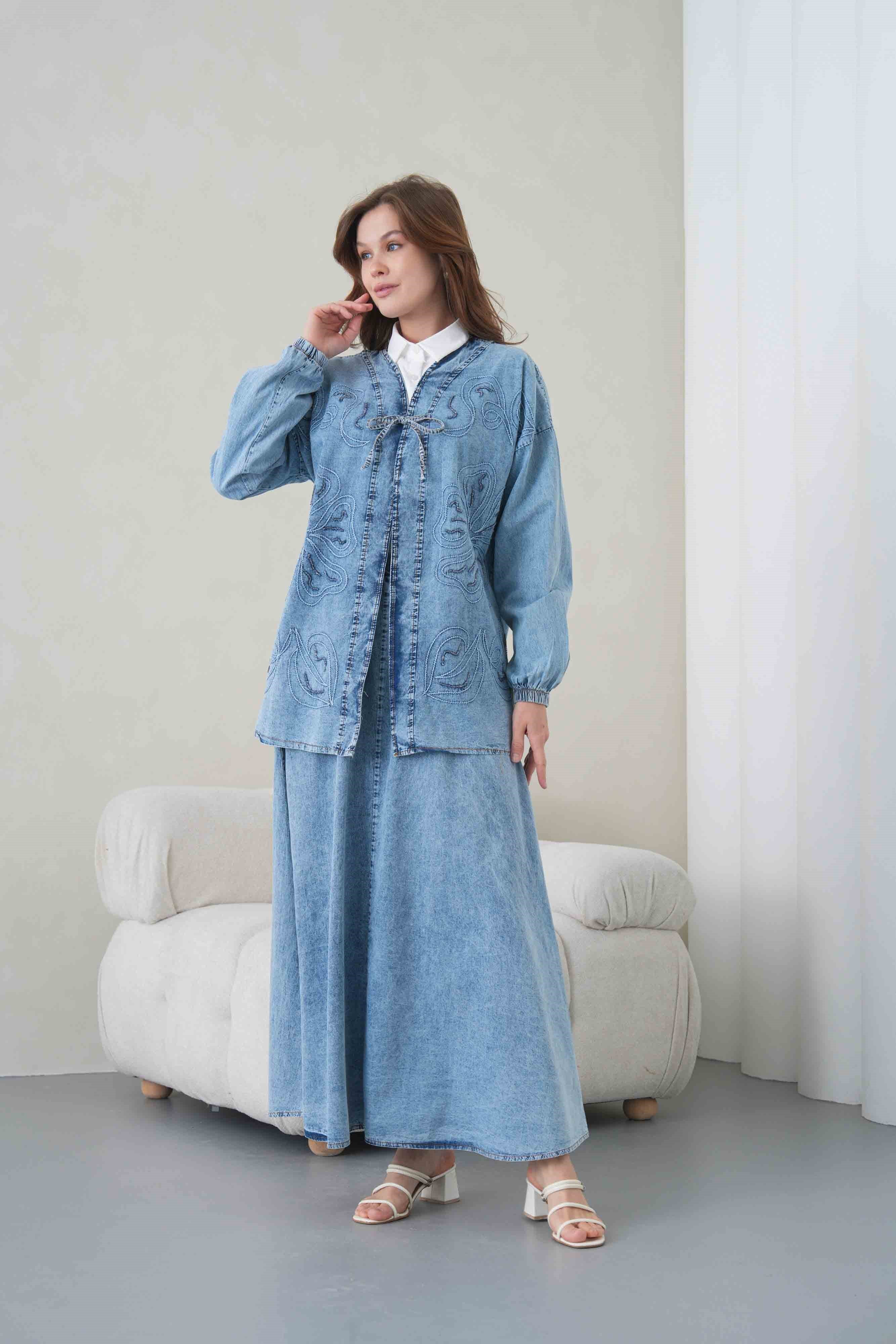 Meyra İşlemeli Kot Kimono Etekli Takım - Açık Mavi