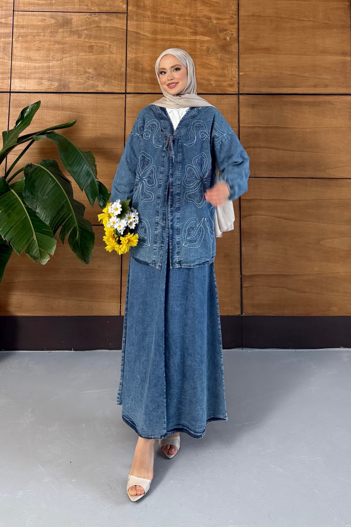 Meyra İşlemeli Kot Kimono Etekli Takım - Lacivert