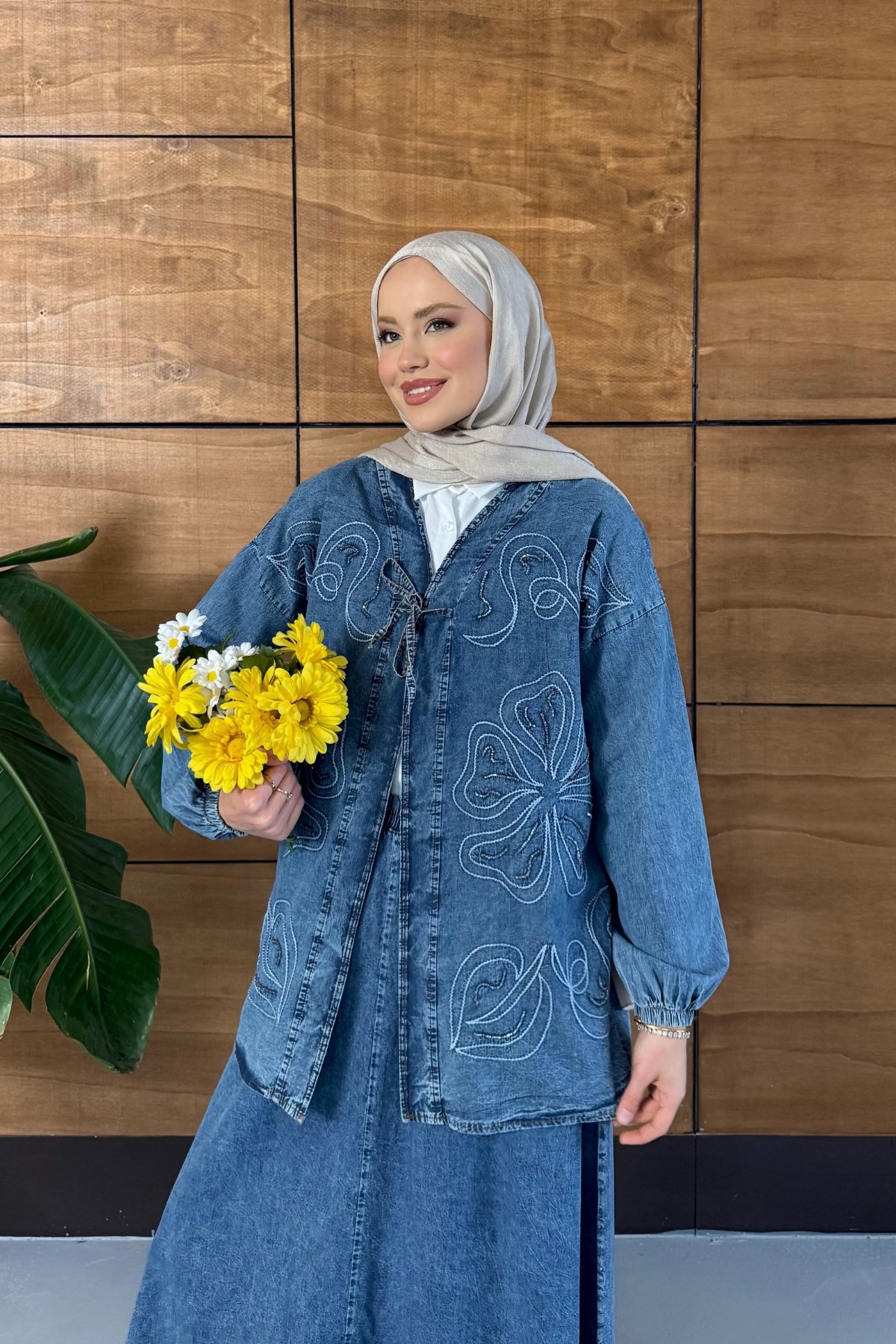 Meyra İşlemeli Kot Kimono Etekli Takım - Lacivert