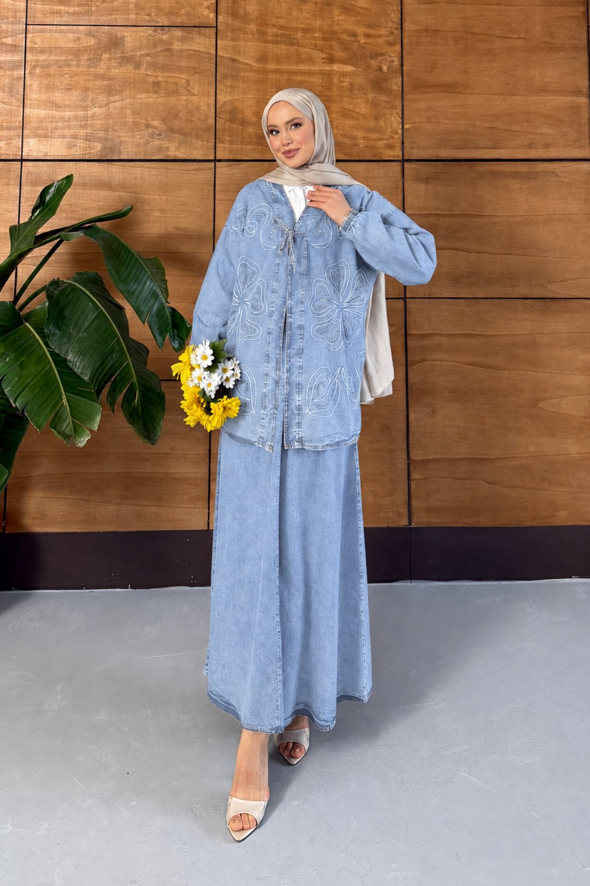 Meyra İşlemeli Kot Kimono Etekli Takım - Açık Mavi