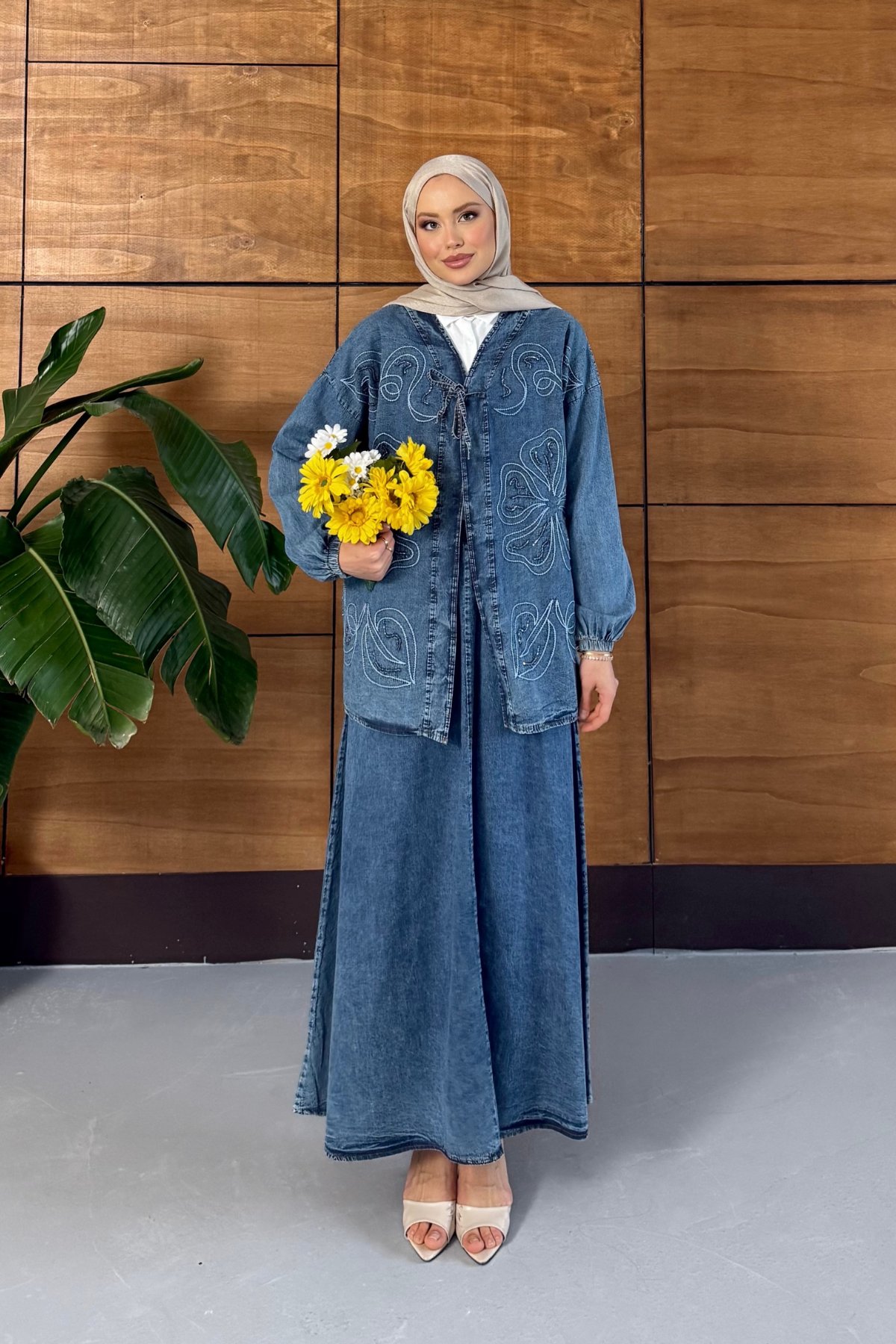 Meyra İşlemeli Kot Kimono Etekli Takım - Lacivert