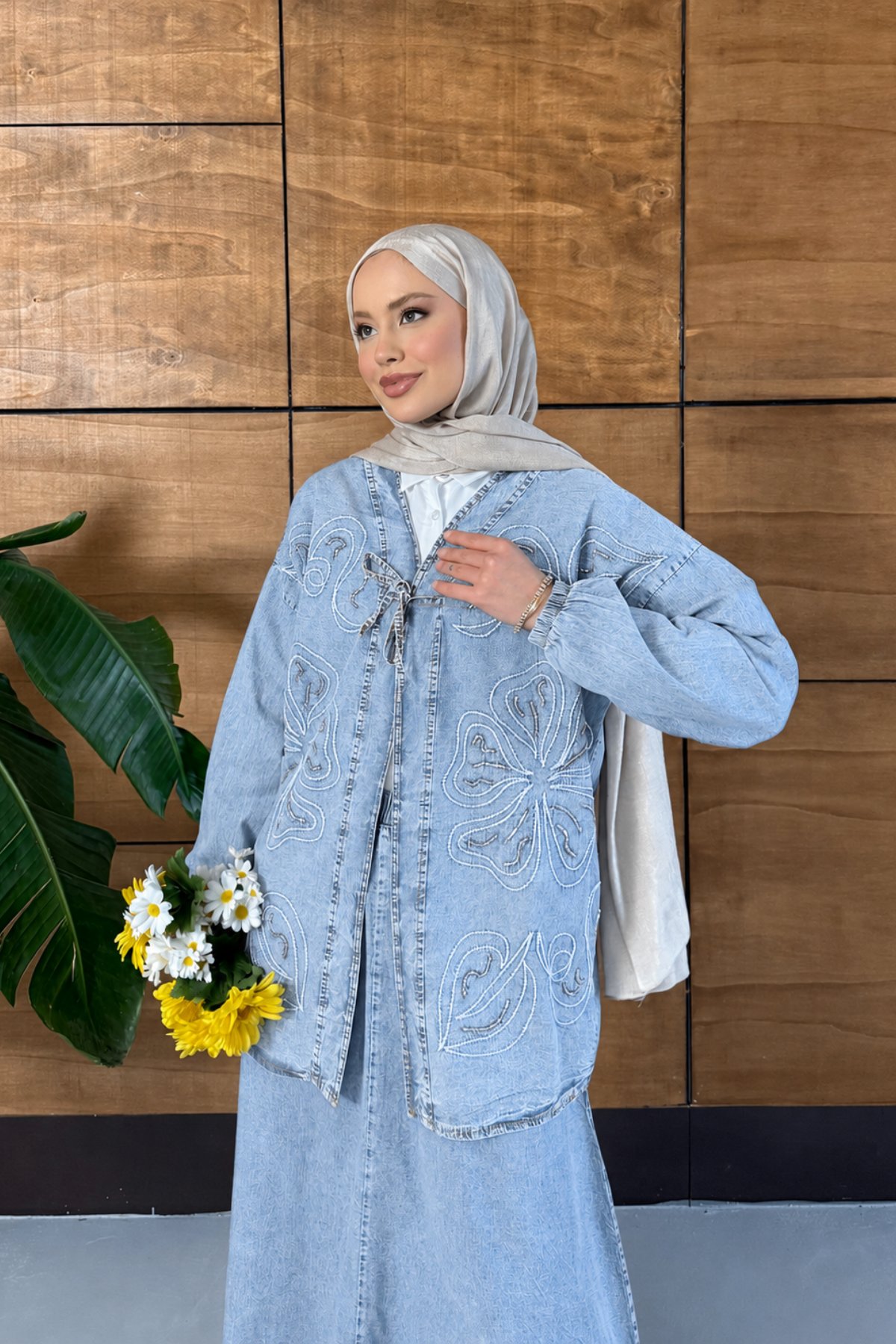 Meyra İşlemeli Kot Kimono Etekli Takım - Açık Mavi