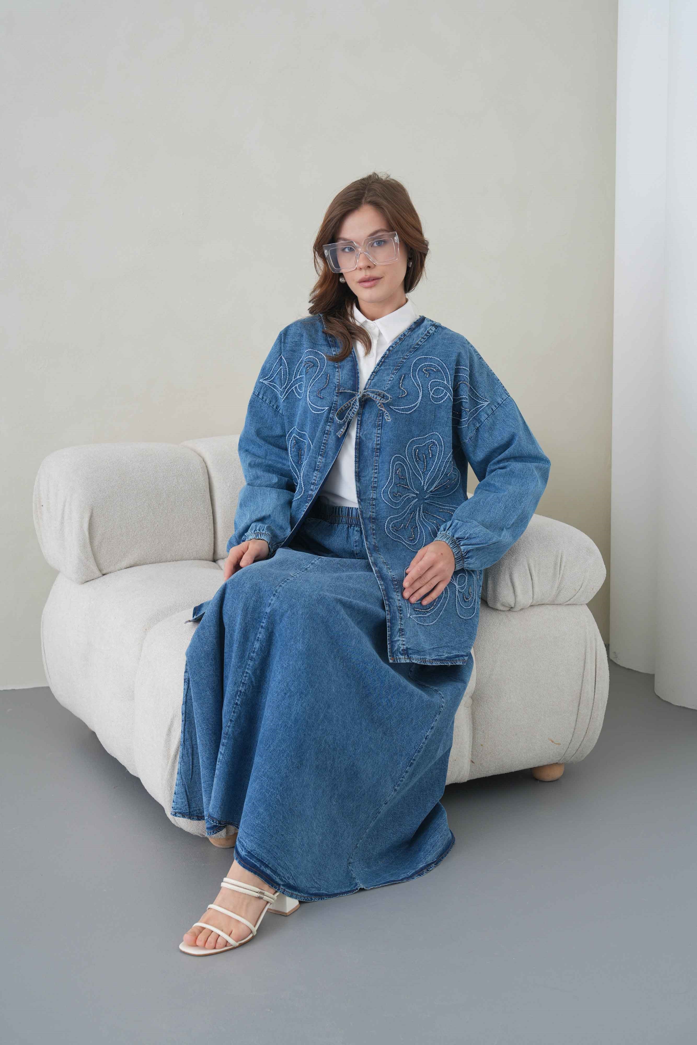Meyra İşlemeli Kot Kimono Etekli Takım - Lacivert