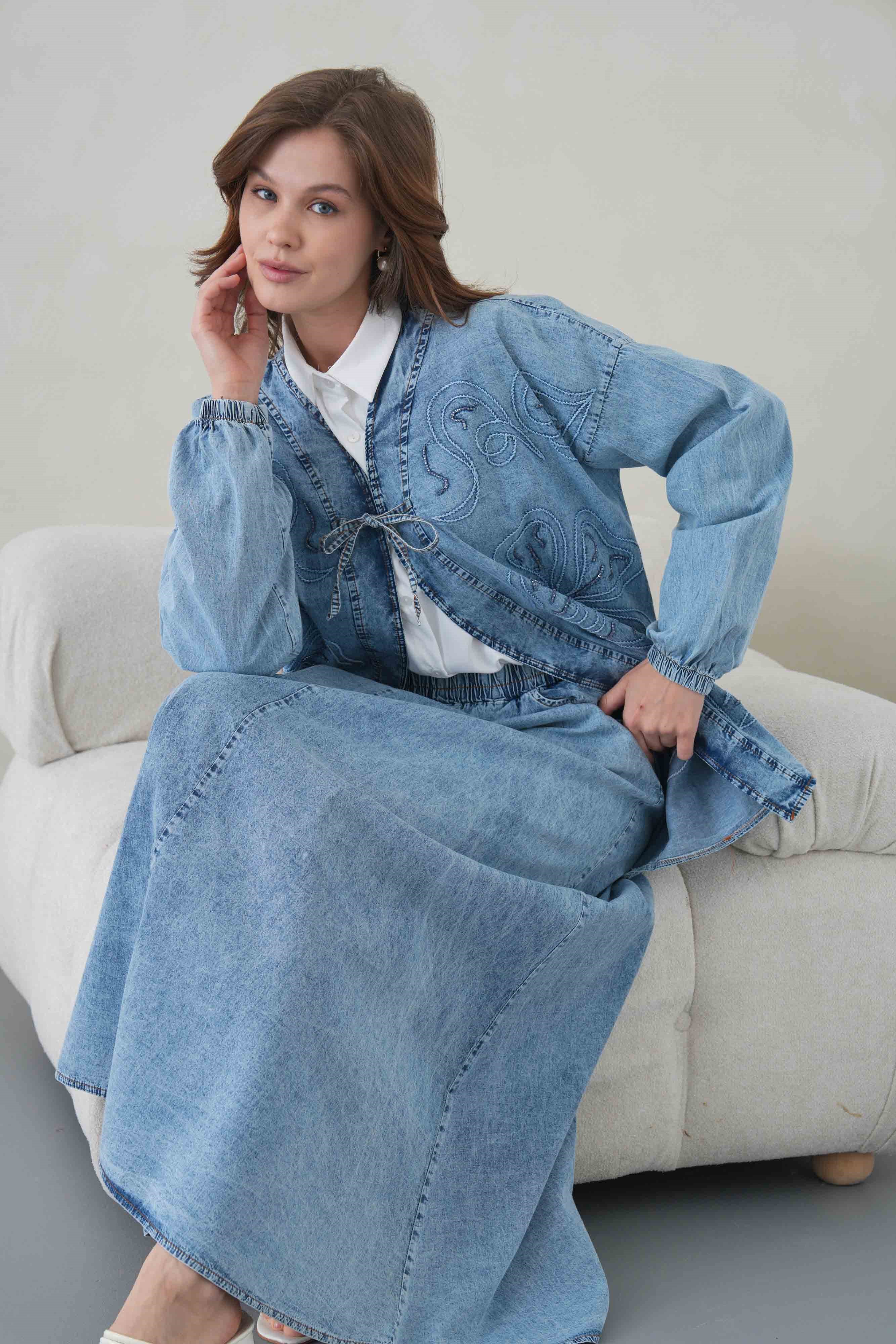 Meyra İşlemeli Kot Kimono Etekli Takım - Açık Mavi