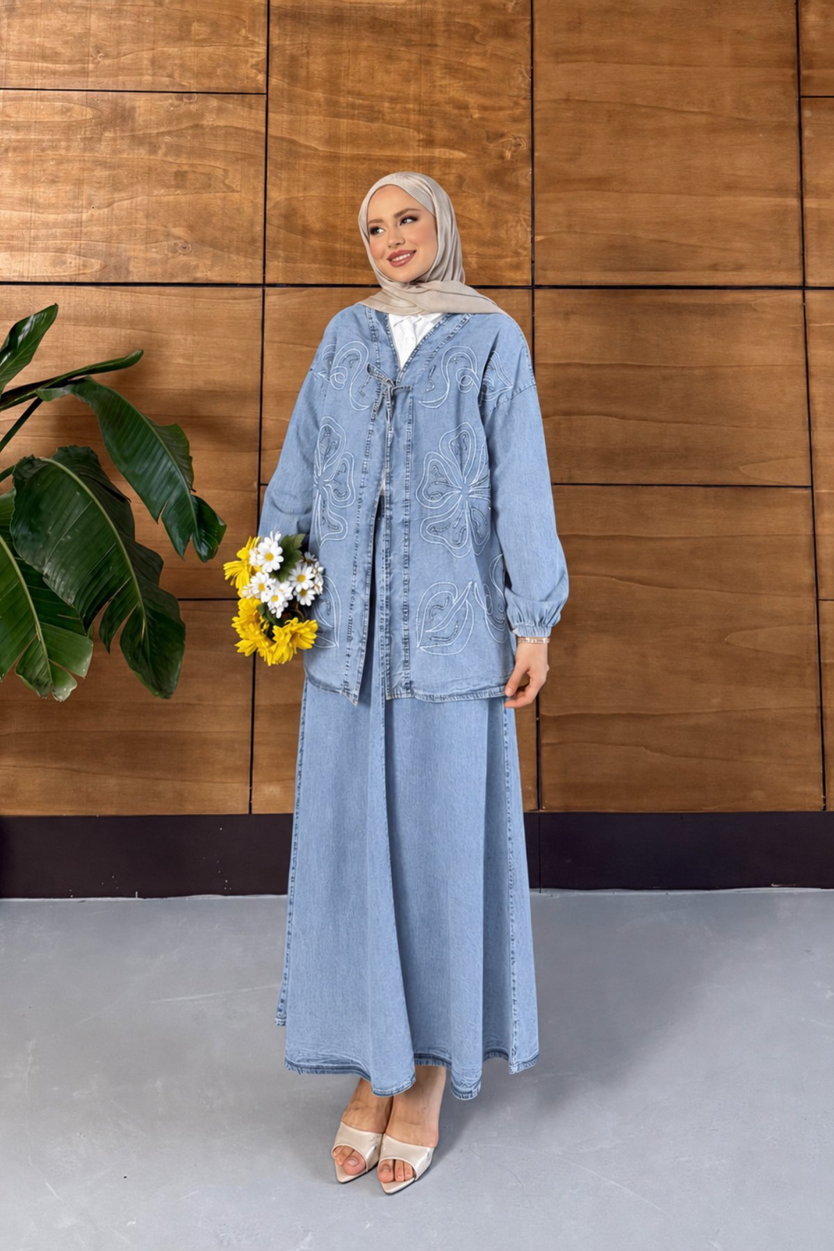 Meyra İşlemeli Kot Kimono Etekli Takım - Açık Mavi