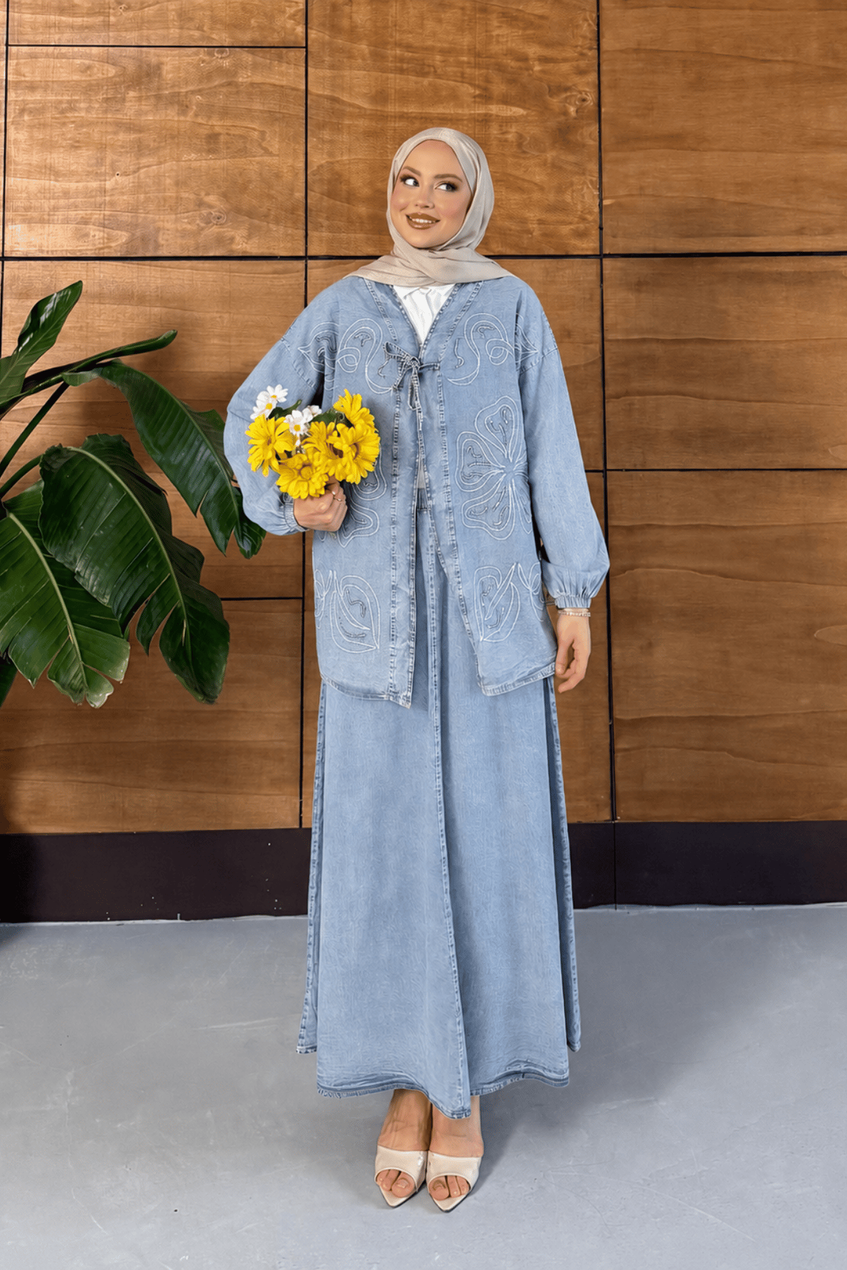 Meyra İşlemeli Kot Kimono Etekli Takım - Açık Mavi