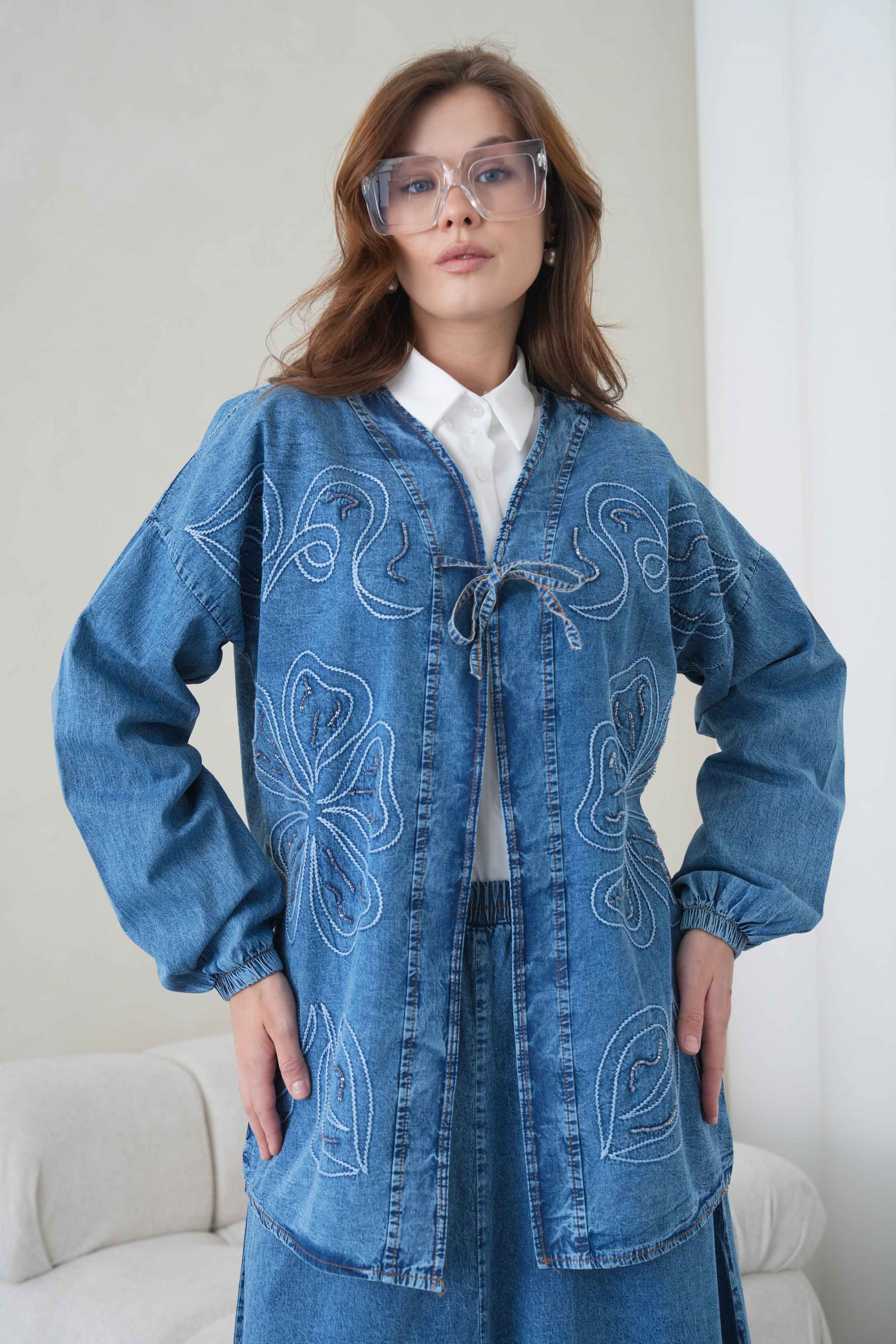 Meyra İşlemeli Kot Kimono Etekli Takım - Lacivert
