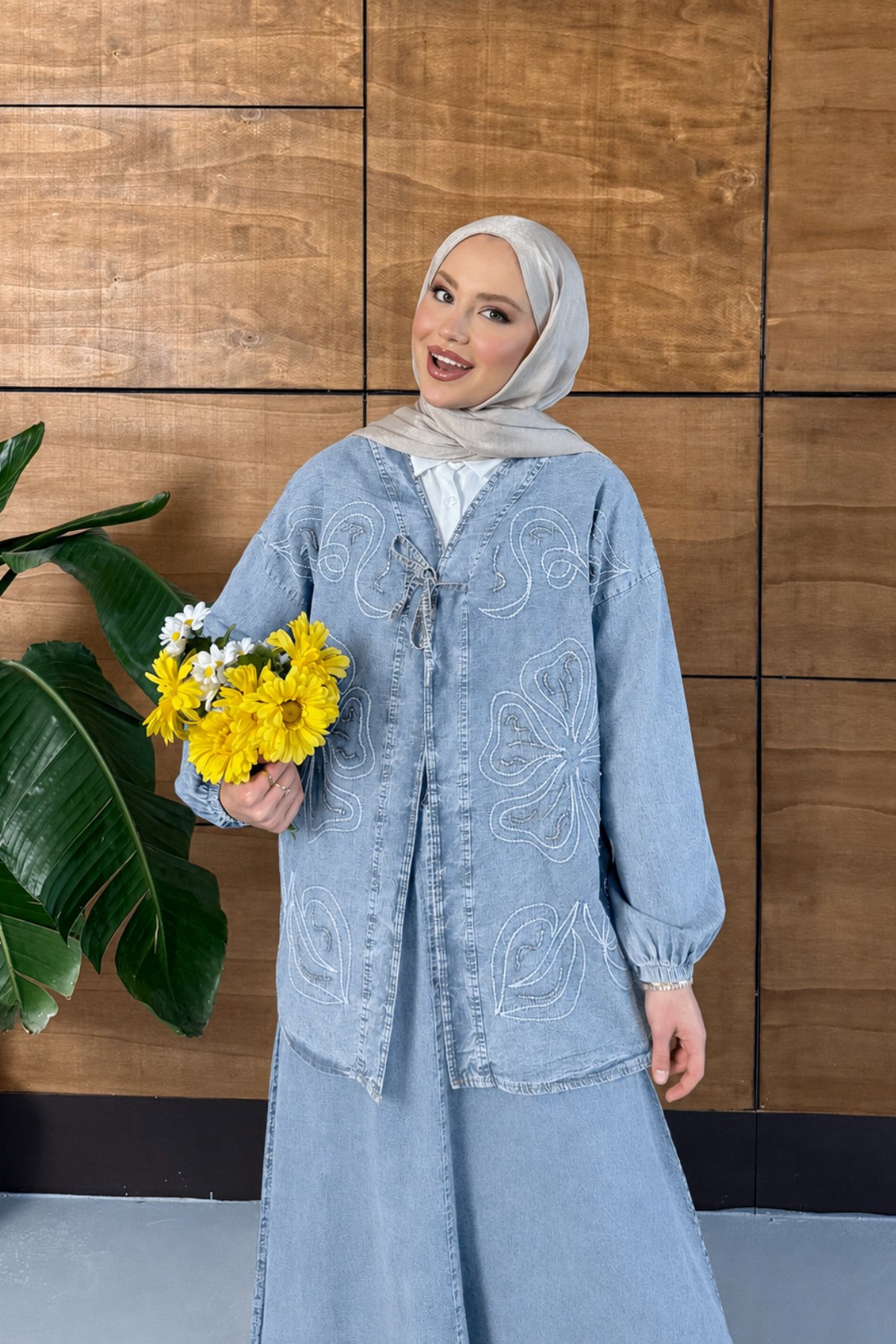 Meyra İşlemeli Kot Kimono Etekli Takım - Açık Mavi