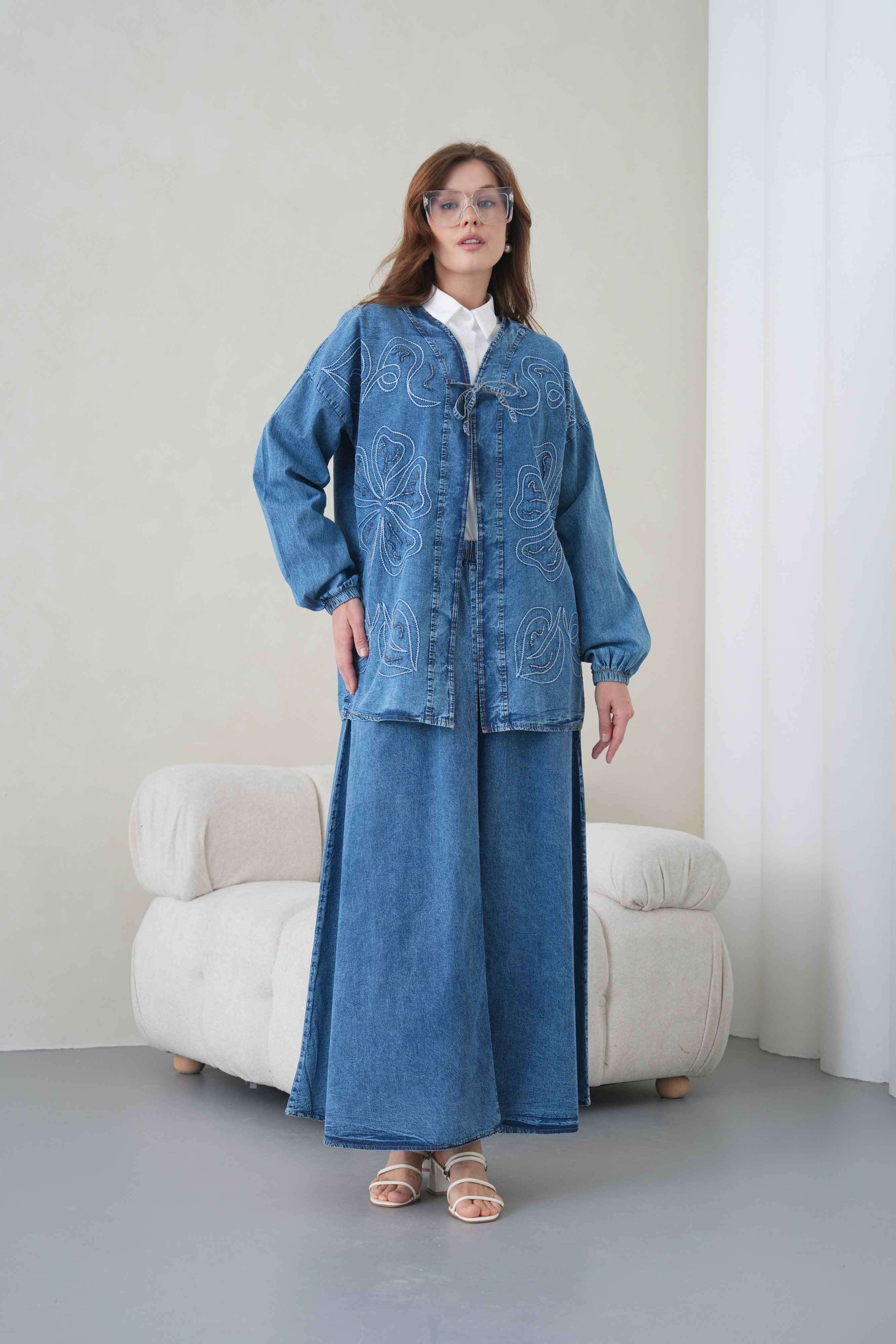 Meyra İşlemeli Kot Kimono Etekli Takım - Lacivert