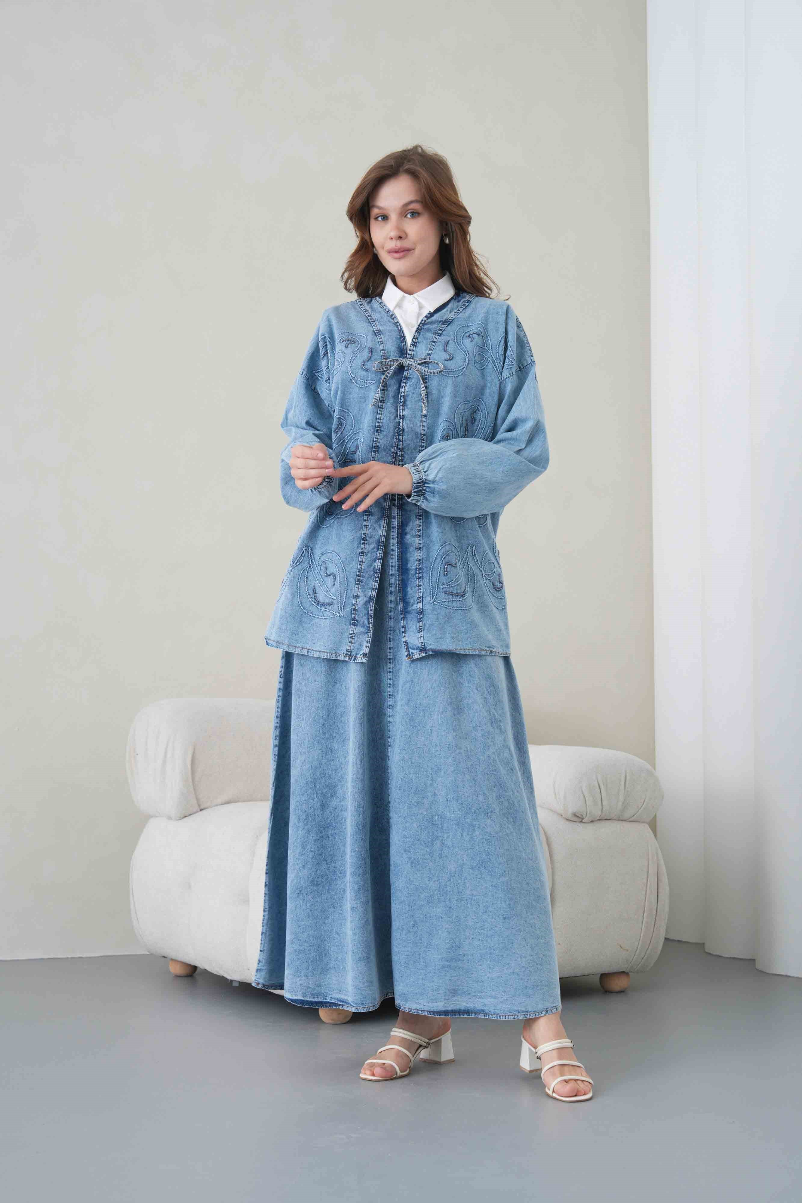 Meyra İşlemeli Kot Kimono Etekli Takım - Açık Mavi