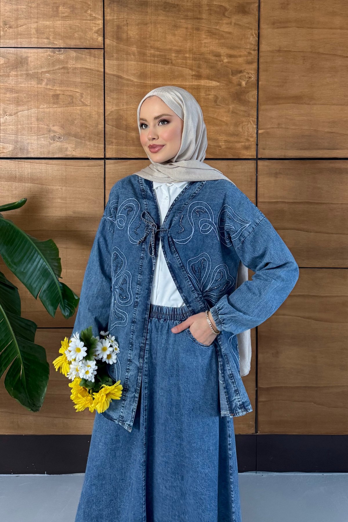 Meyra İşlemeli Kot Kimono Etekli Takım - Lacivert