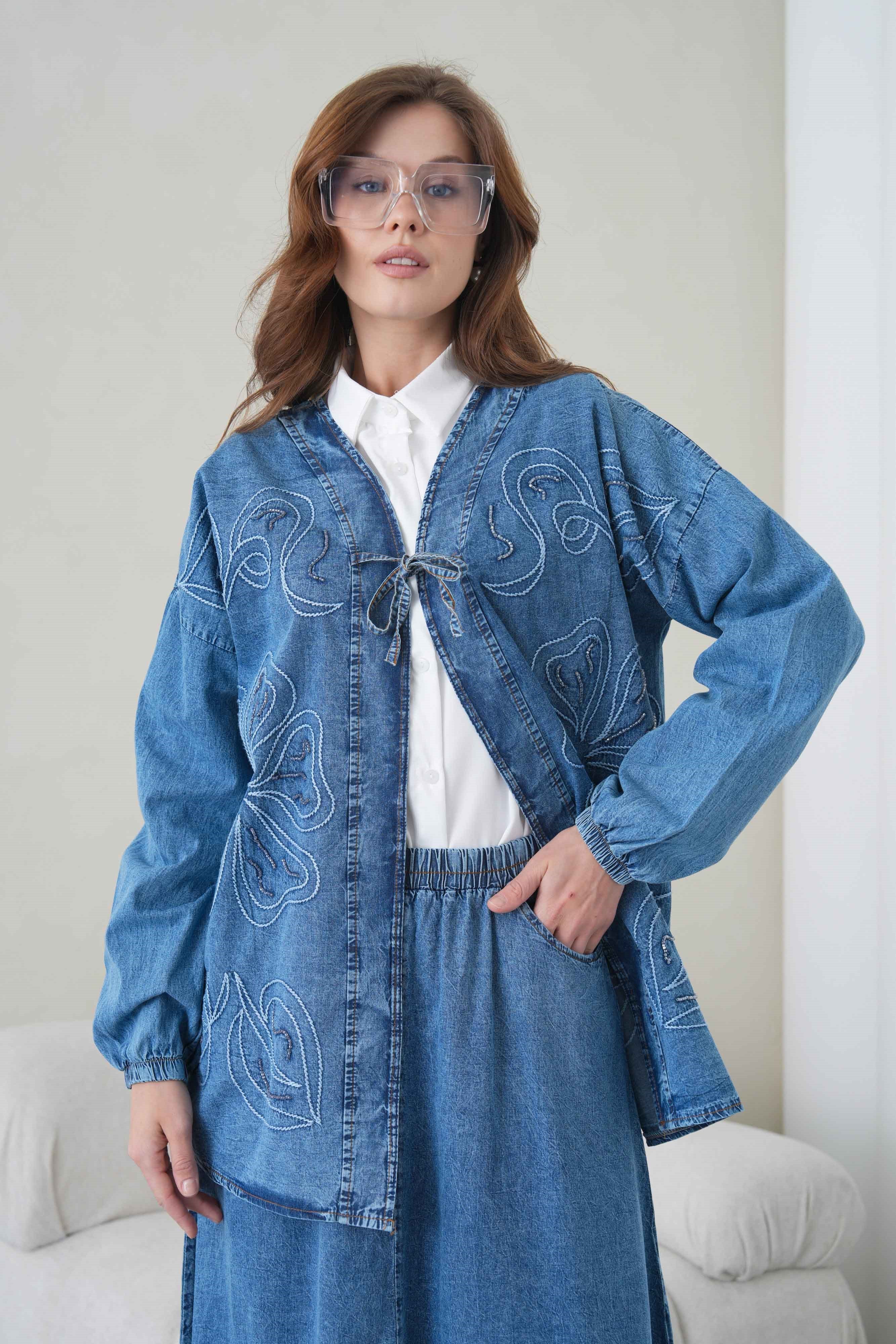 Meyra İşlemeli Kot Kimono Etekli Takım - Lacivert