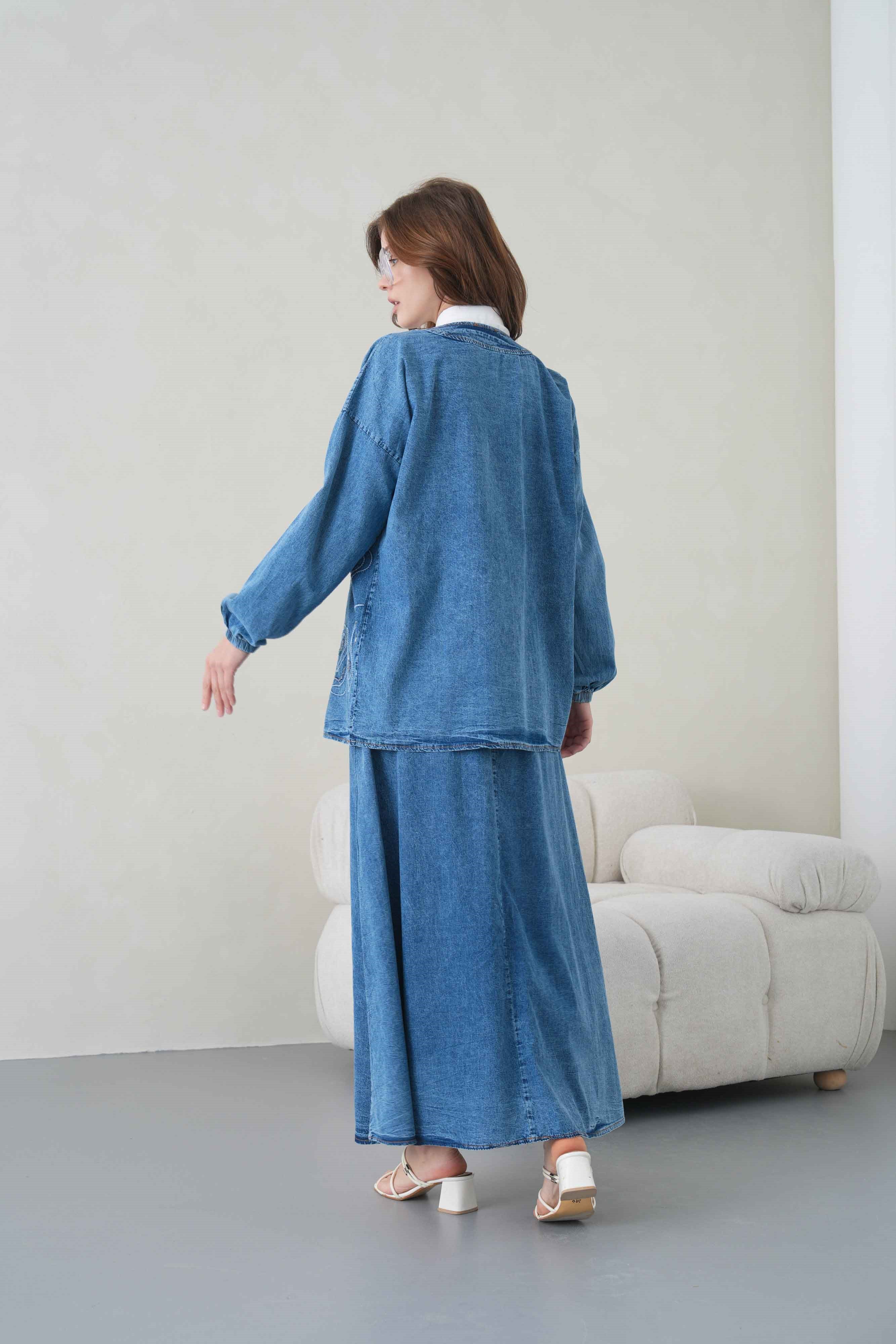 Meyra İşlemeli Kot Kimono Etekli Takım - Lacivert