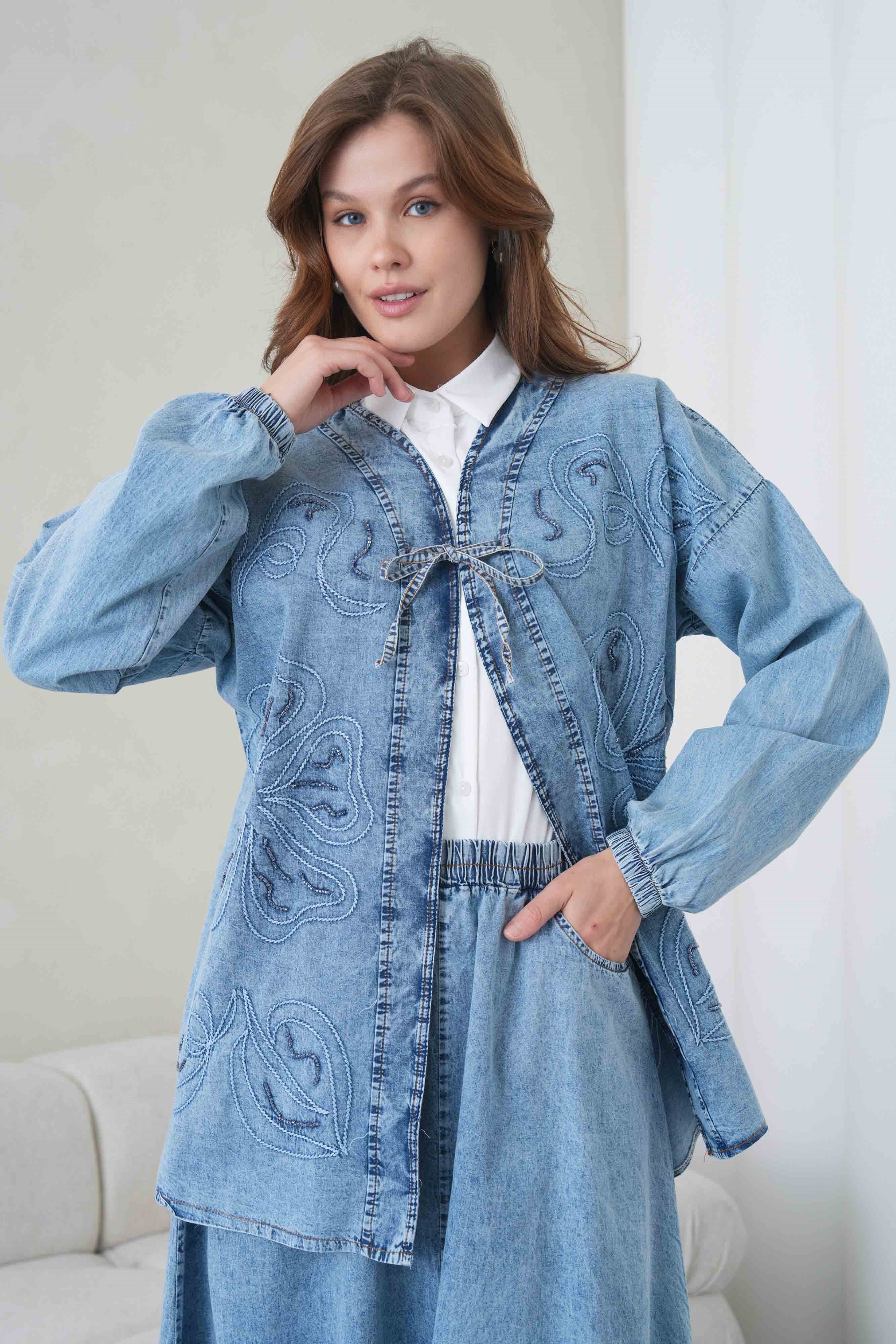Meyra İşlemeli Kot Kimono Etekli Takım - Açık Mavi