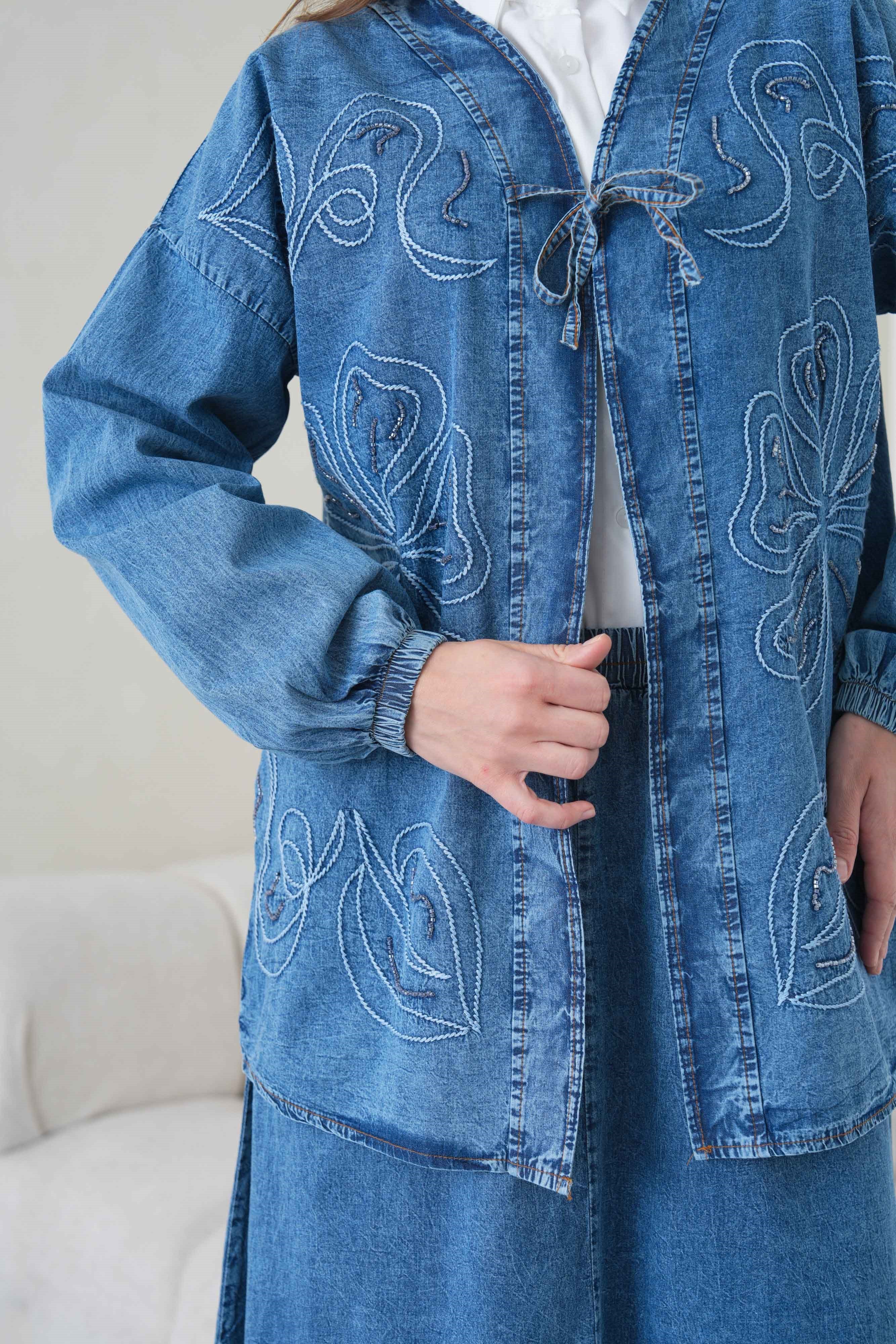 Meyra İşlemeli Kot Kimono Etekli Takım - Lacivert