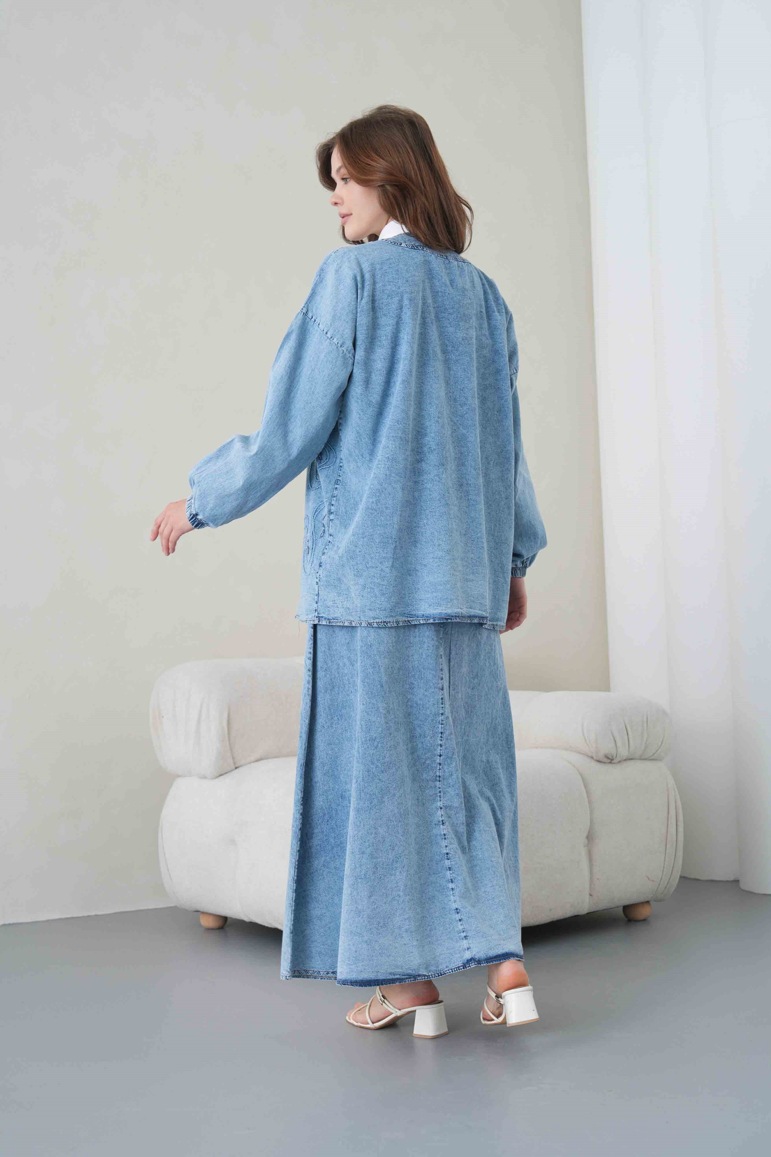 Meyra İşlemeli Kot Kimono Etekli Takım - Açık Mavi