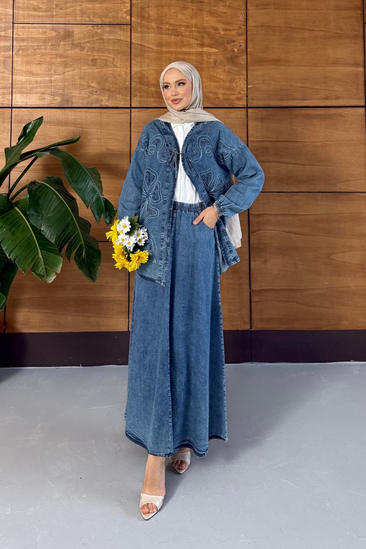 Meyra İşlemeli Kot Kimono Etekli Takım - Lacivert