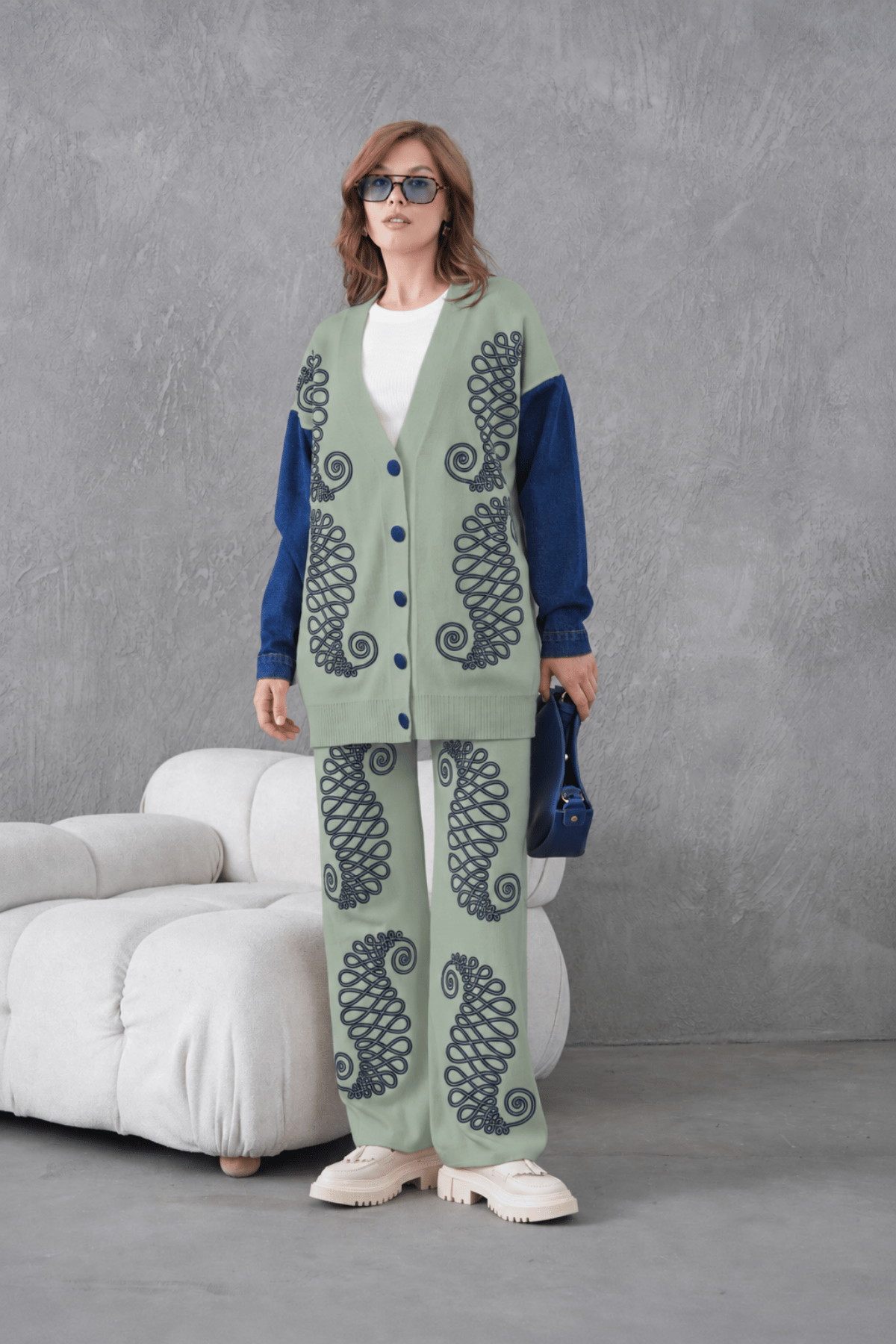 Nermuva İşlemeli İşlemeli Kolu Kot Triko Takım - Yeşil