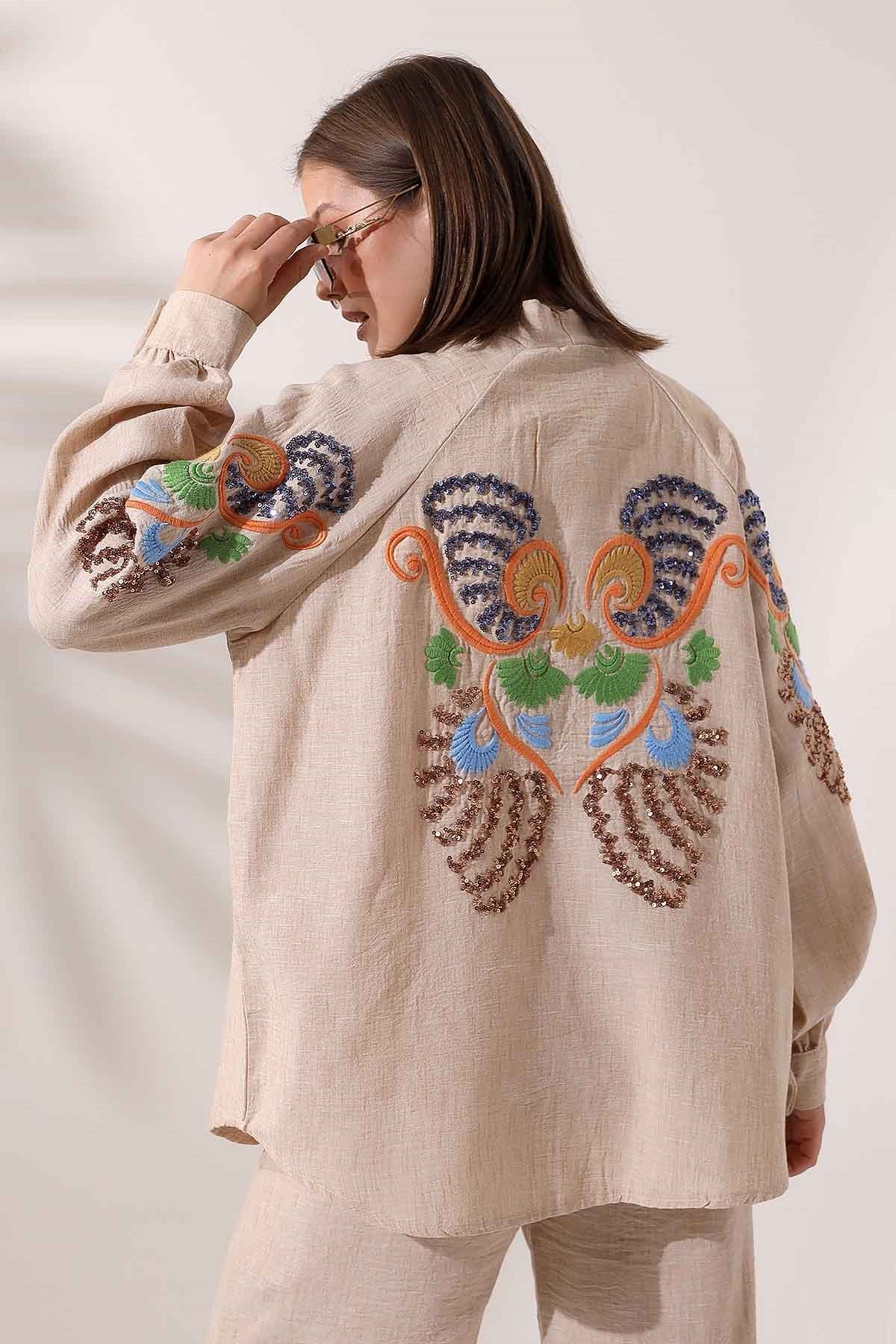 Nevra İşlemeli Keten Kimono Takım - Kahve