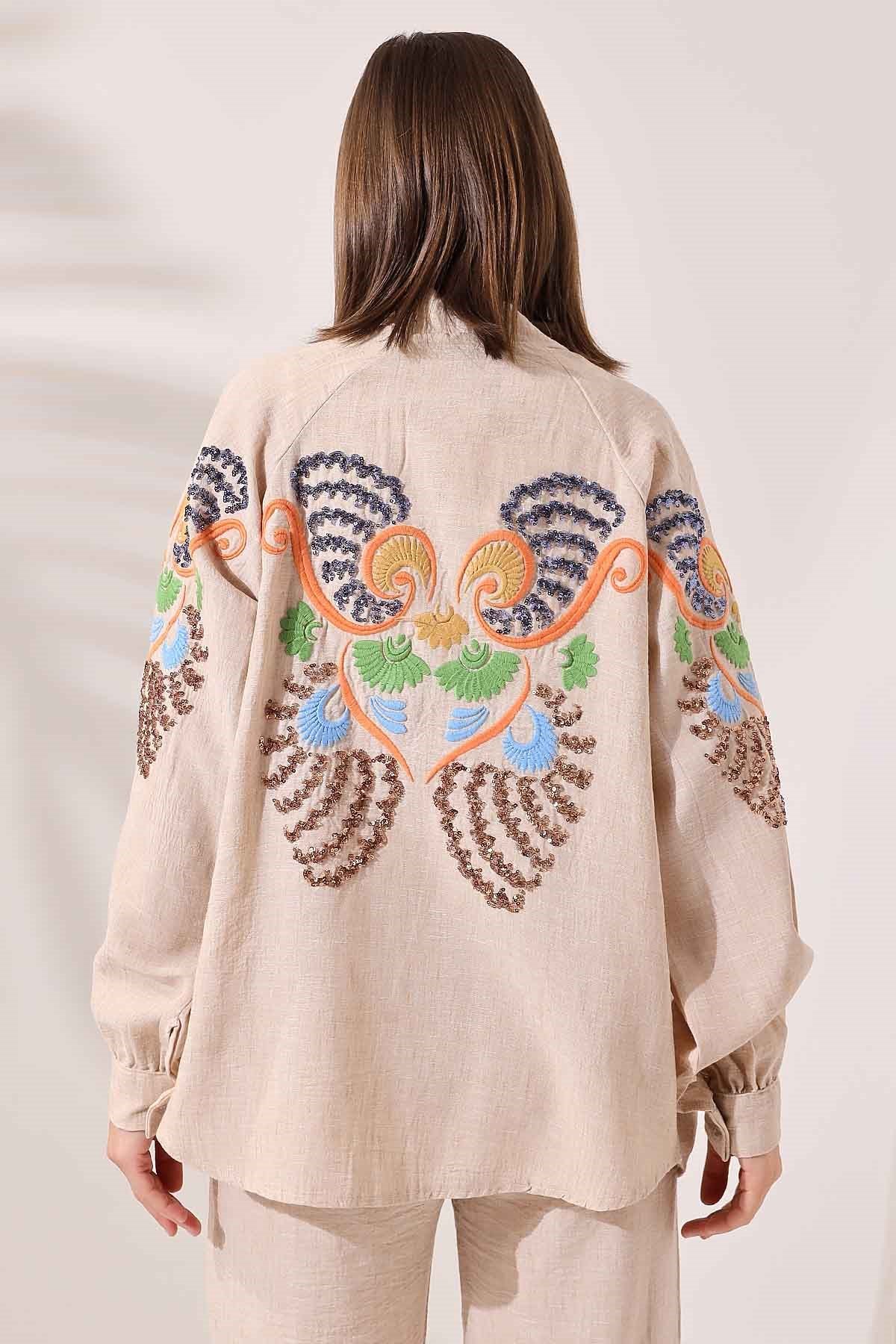 Nevra İşlemeli Keten Kimono Takım - Kahve