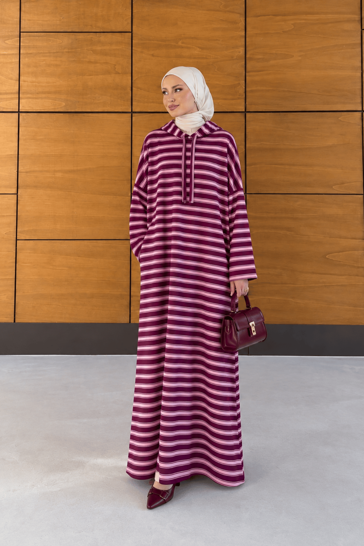 Nova Kapuşonlu Bordo Çizgili Elbise - Pembe