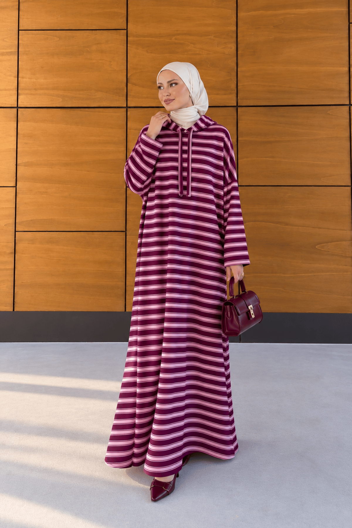 Nova Kapuşonlu Bordo Çizgili Elbise - Pembe