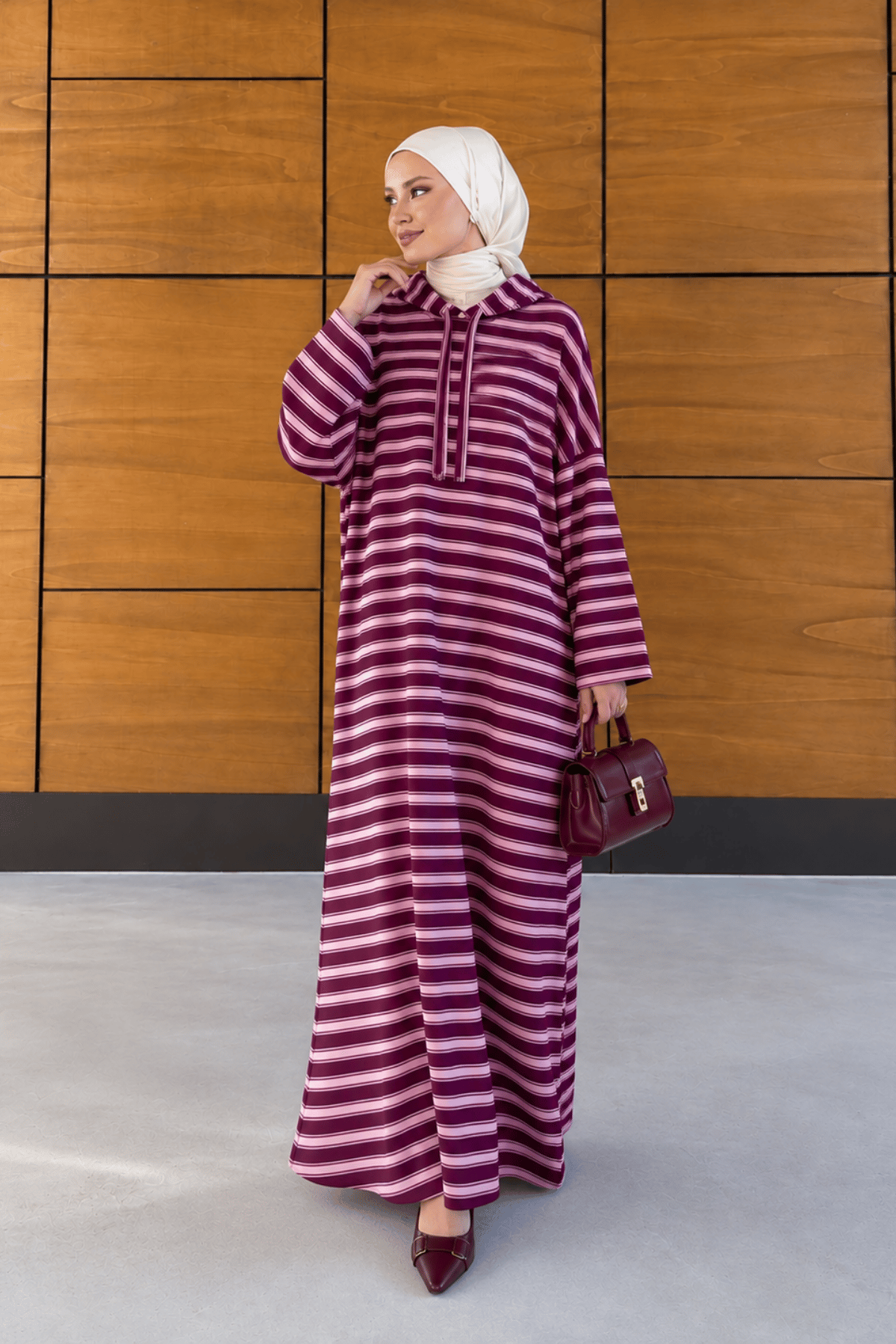Nova Kapuşonlu Bordo Çizgili Elbise - Pembe