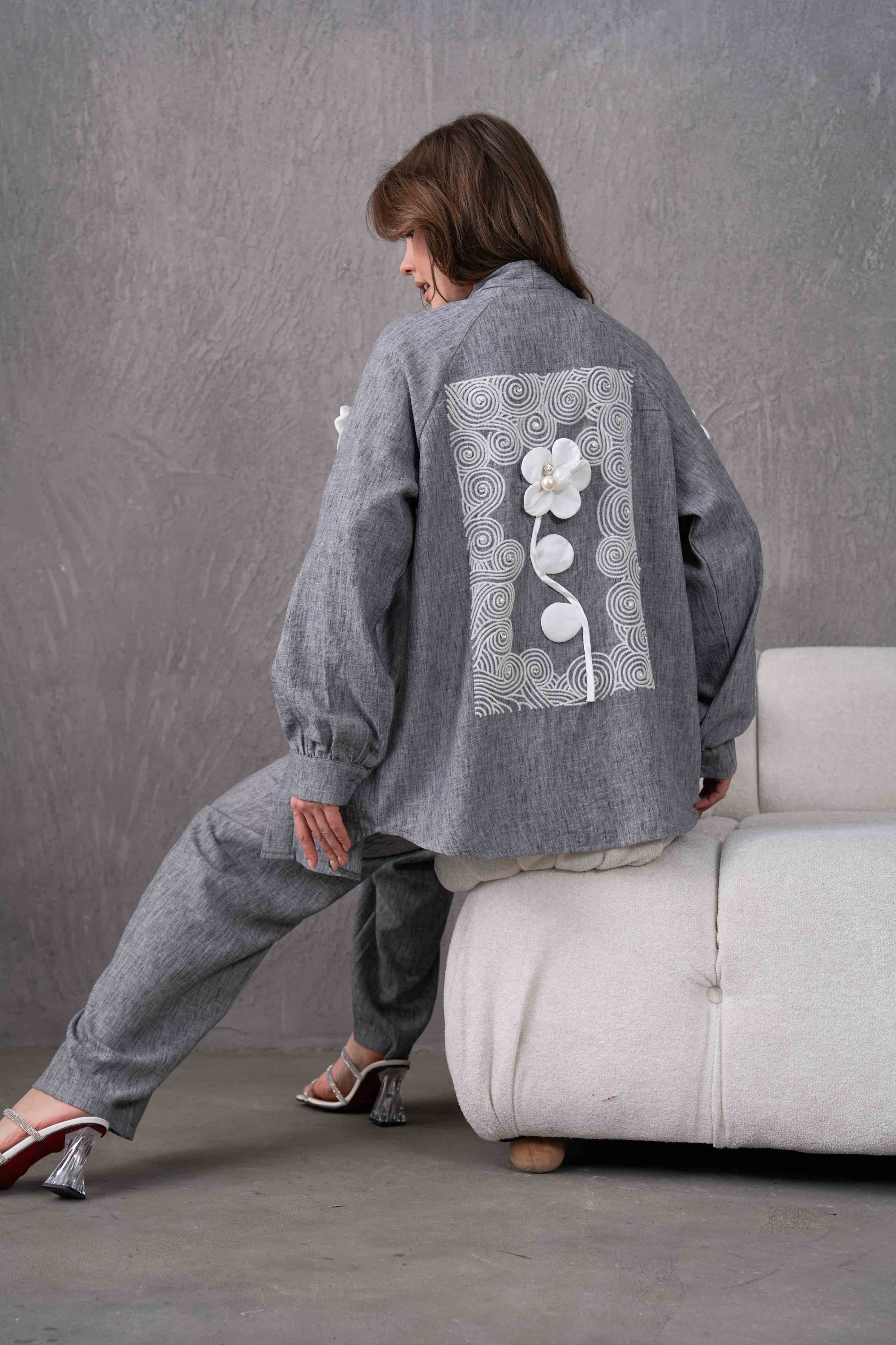 Ravel İşlemeli Keten Kimono Takım - Antrasit