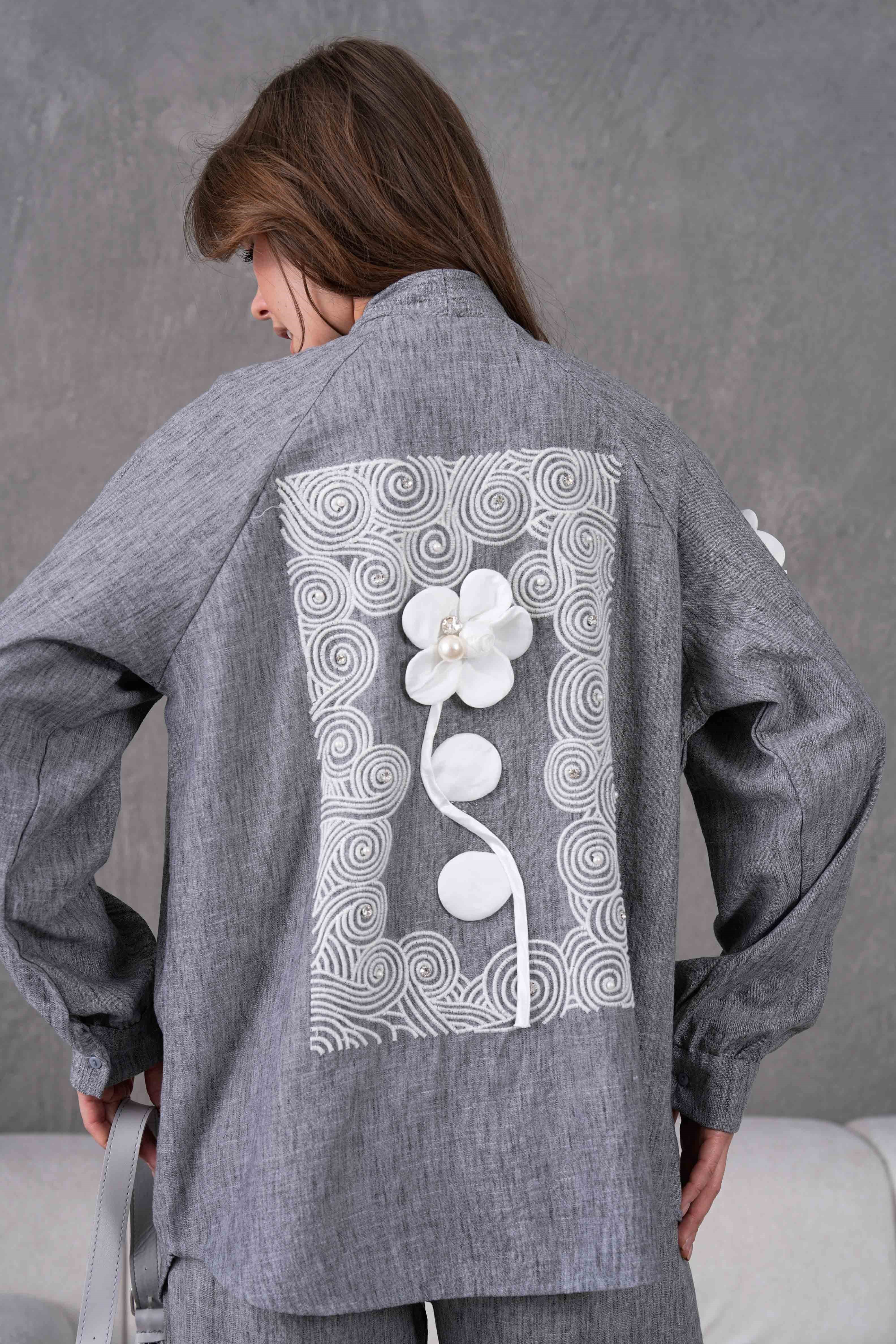 Ravel İşlemeli Keten Kimono Takım - Antrasit