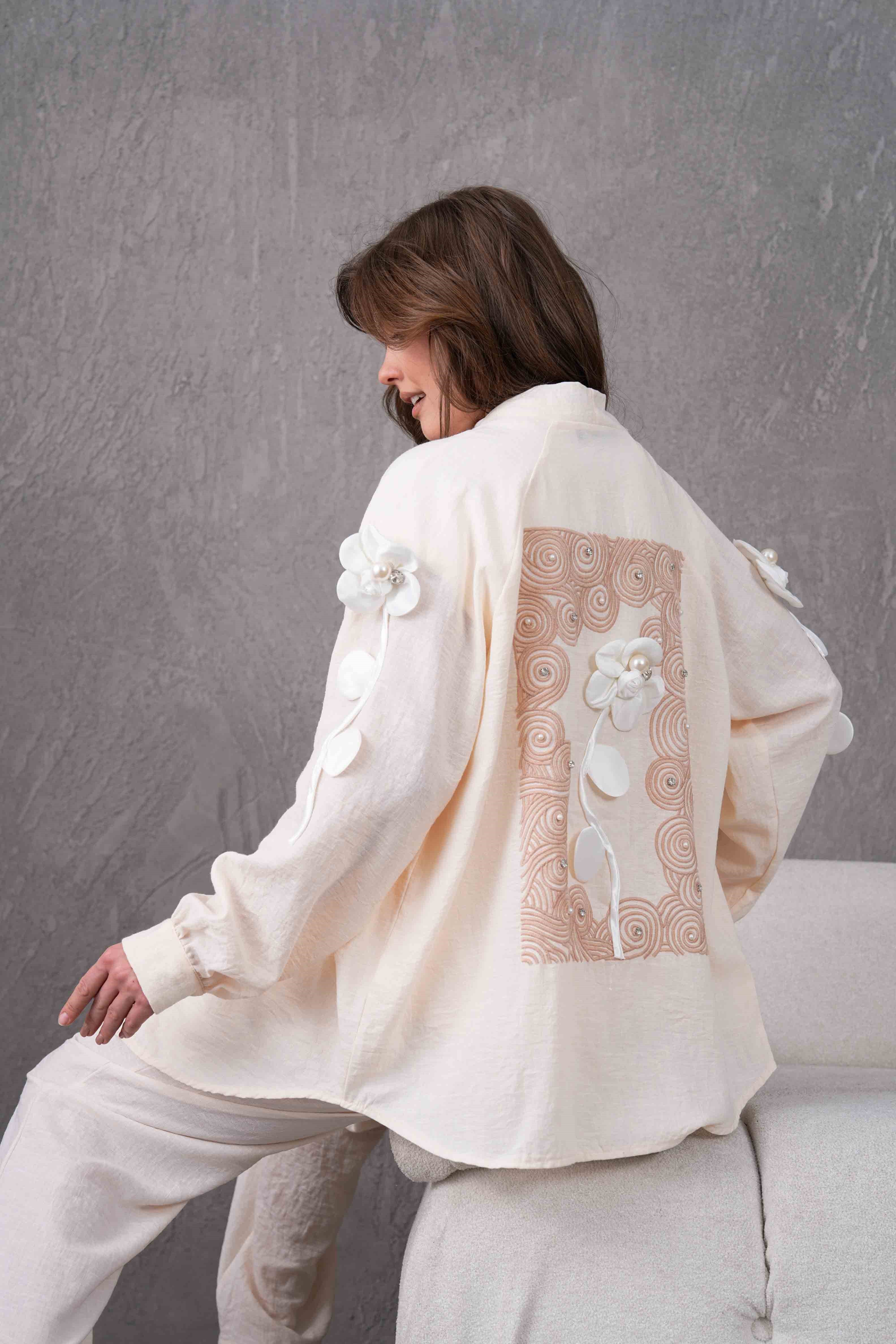 Ravel İşlemeli Keten Kimono Takım - Ekru