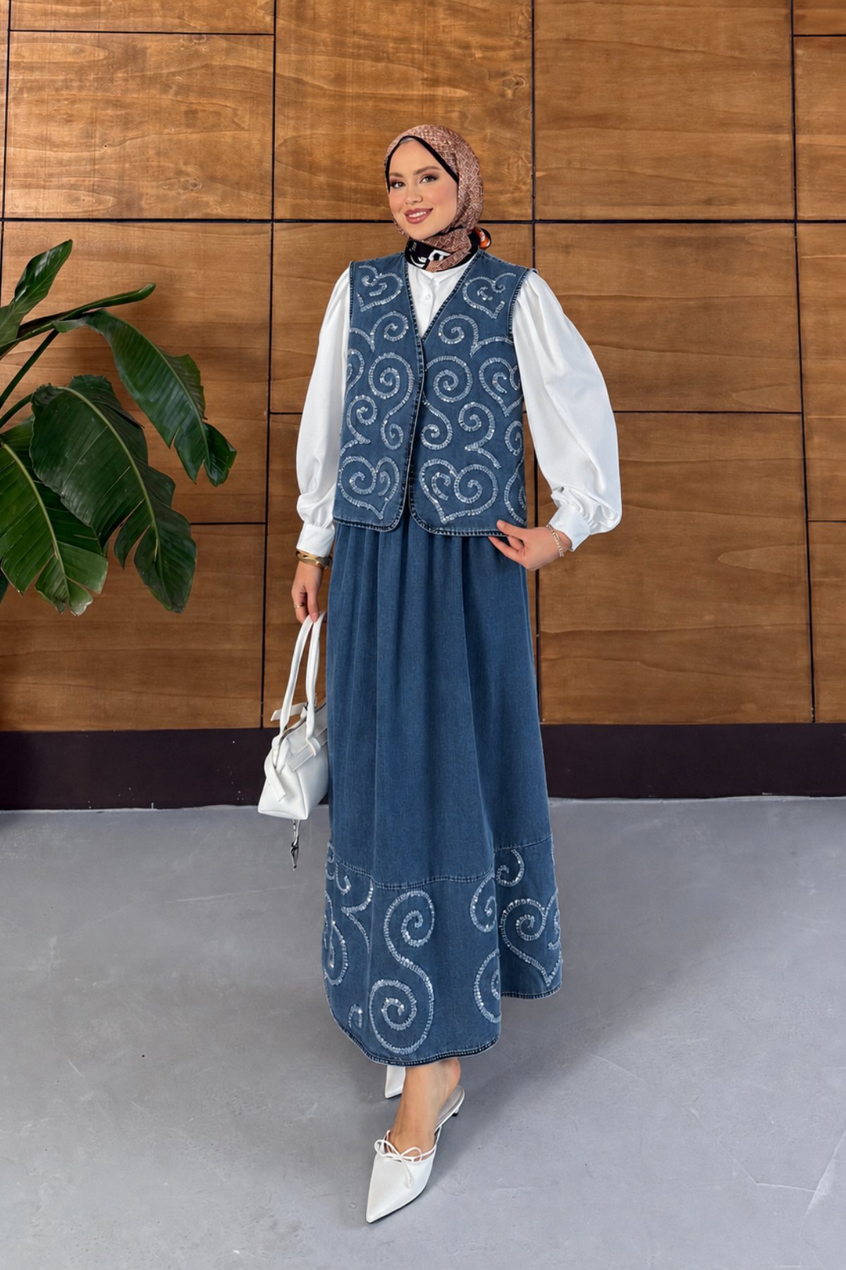 Roselle İşlemeli Kot Yelek Etekli Takım - Koyu Mavi