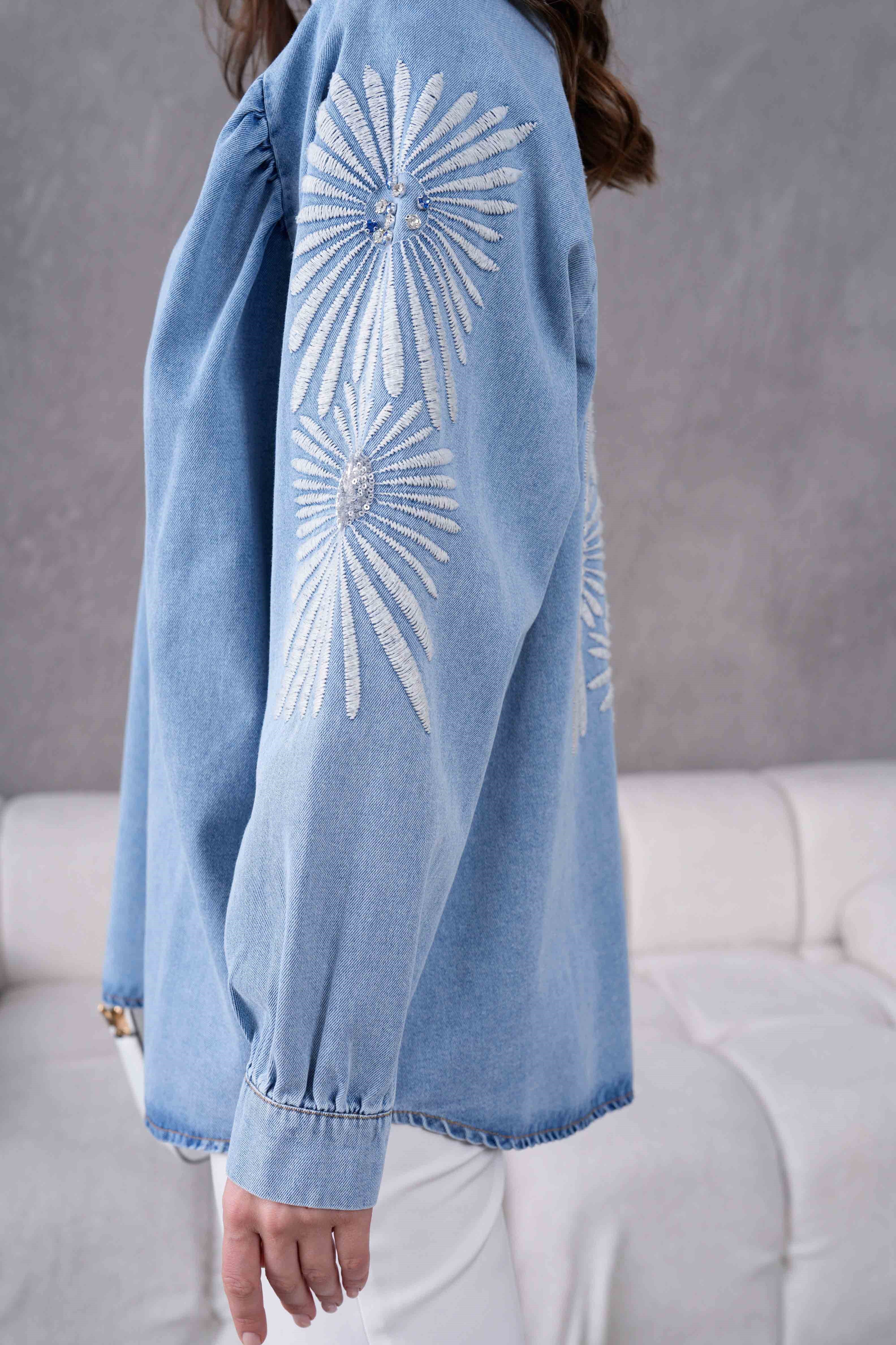 Serel İşlemeli Kot Kimono - Açık Mavi