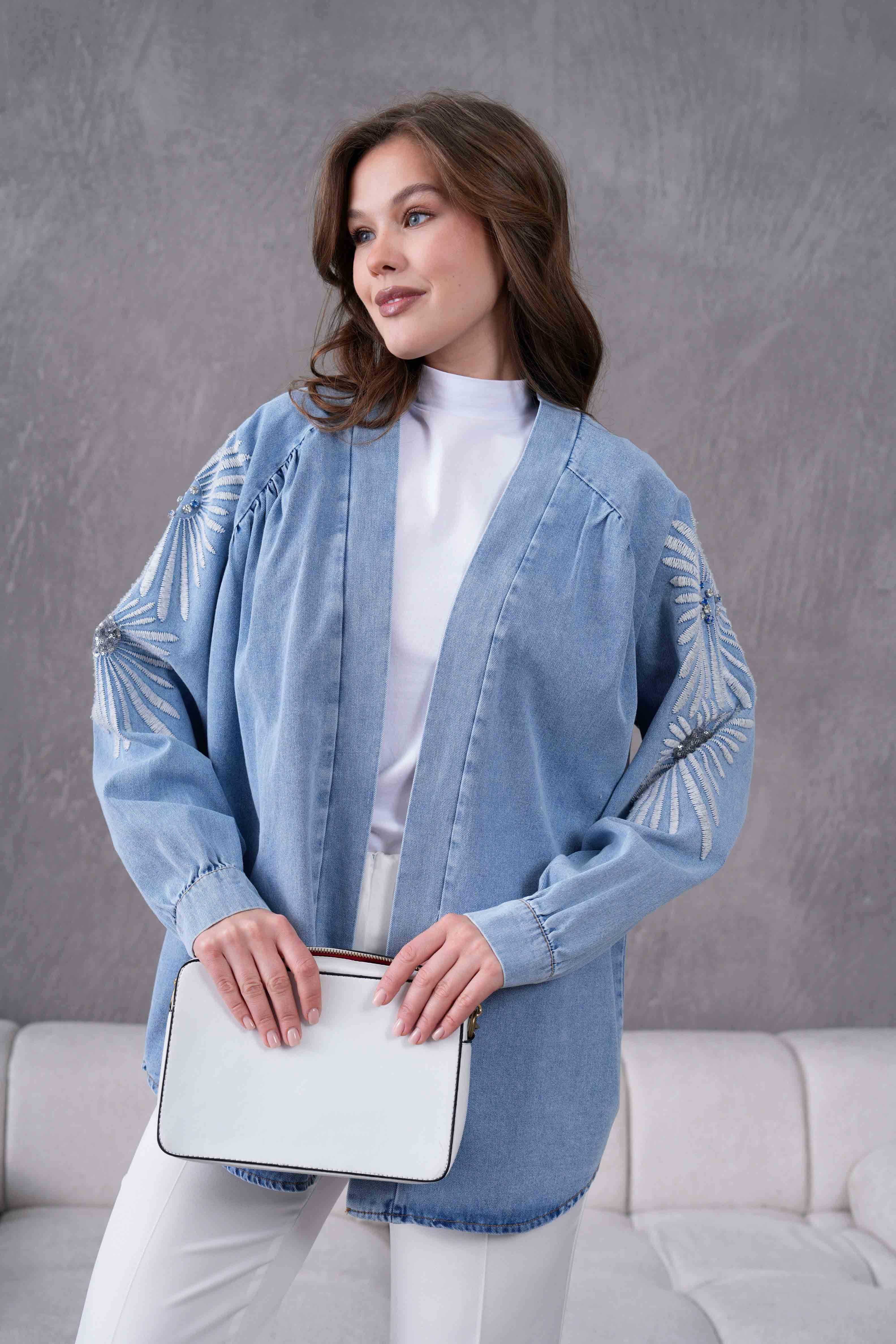 Serel İşlemeli Kot Kimono - Açık Mavi