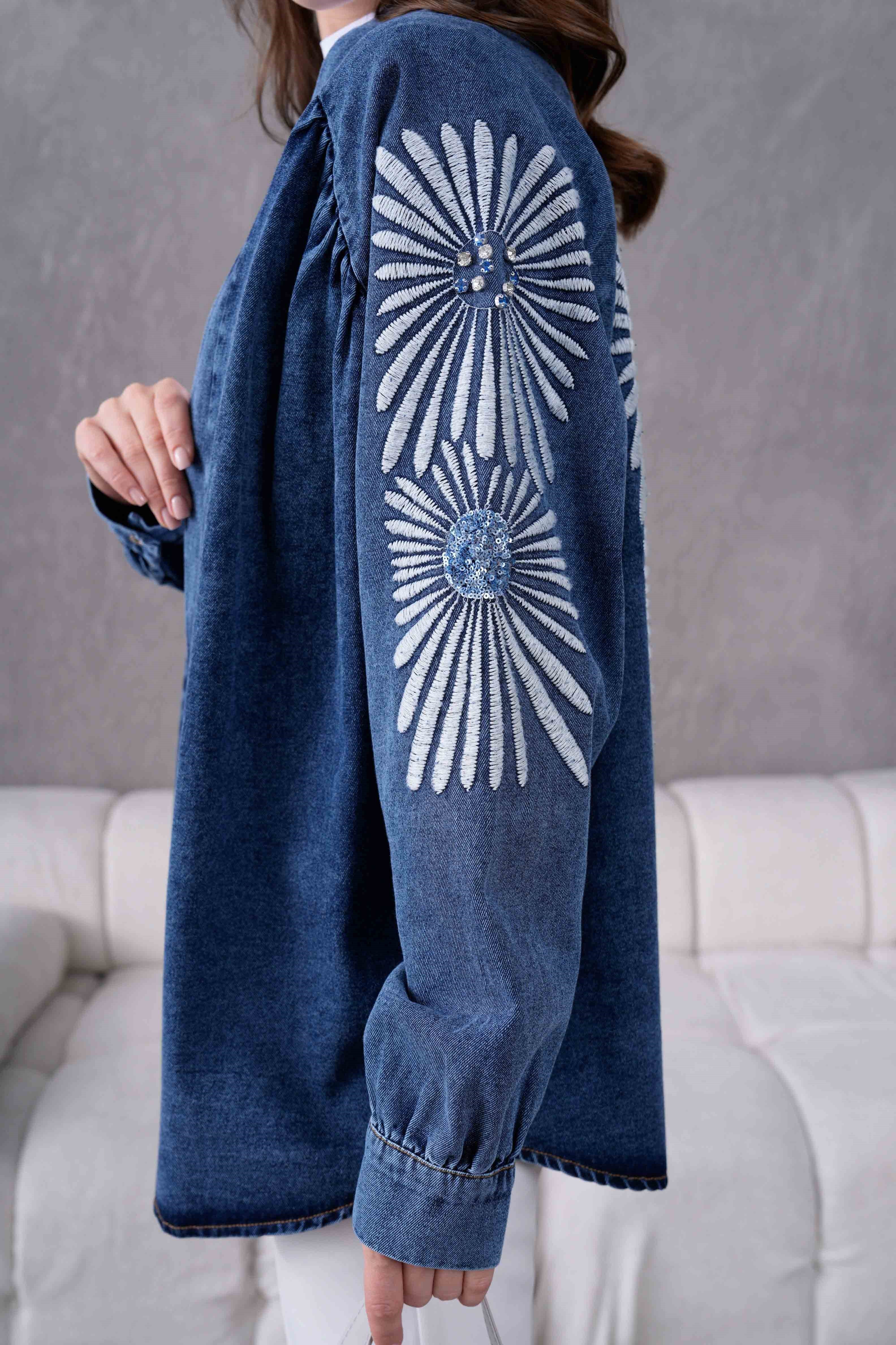 Serel İşlemeli Kot Kimono - Lacivert