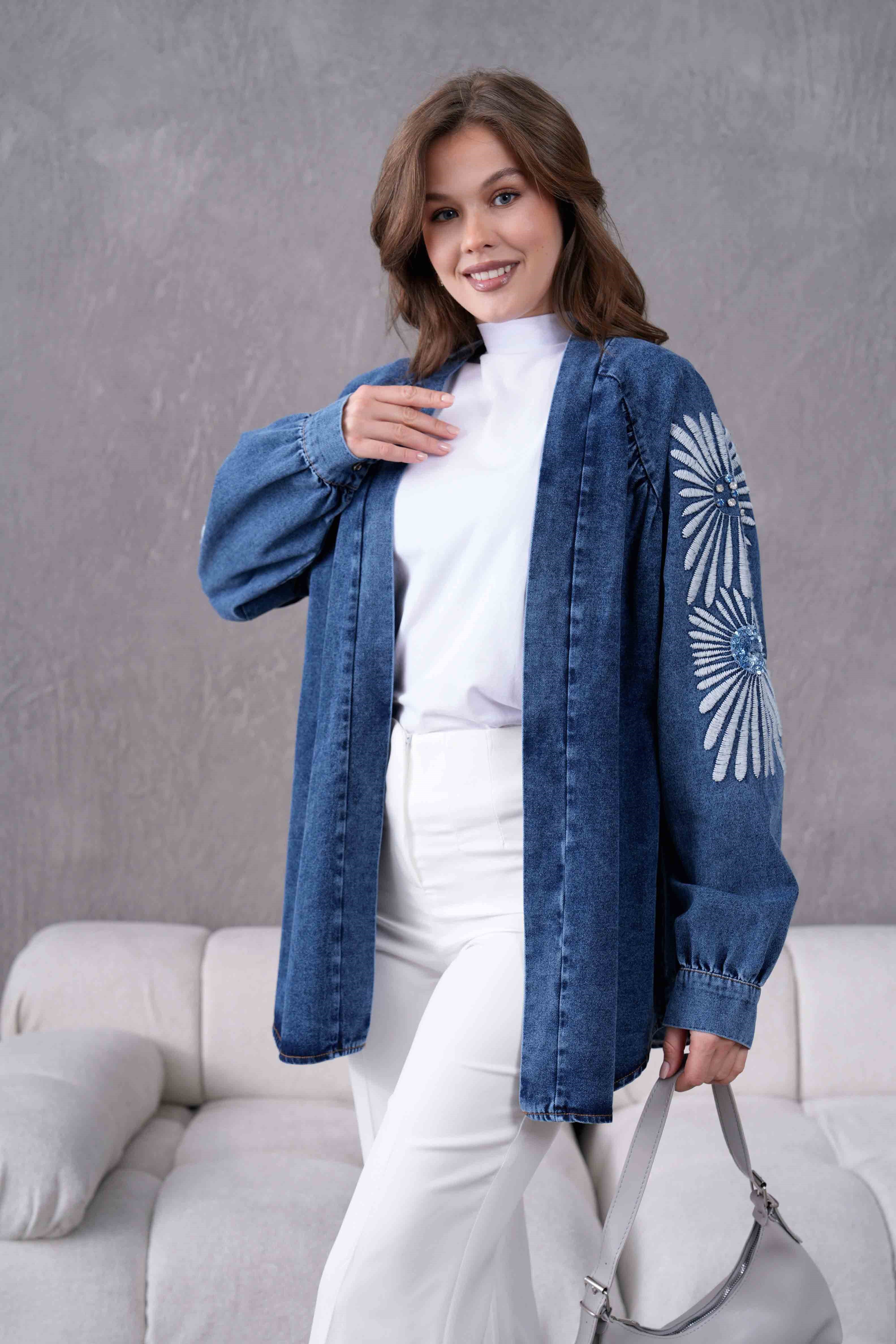 Serel İşlemeli Kot Kimono - Lacivert