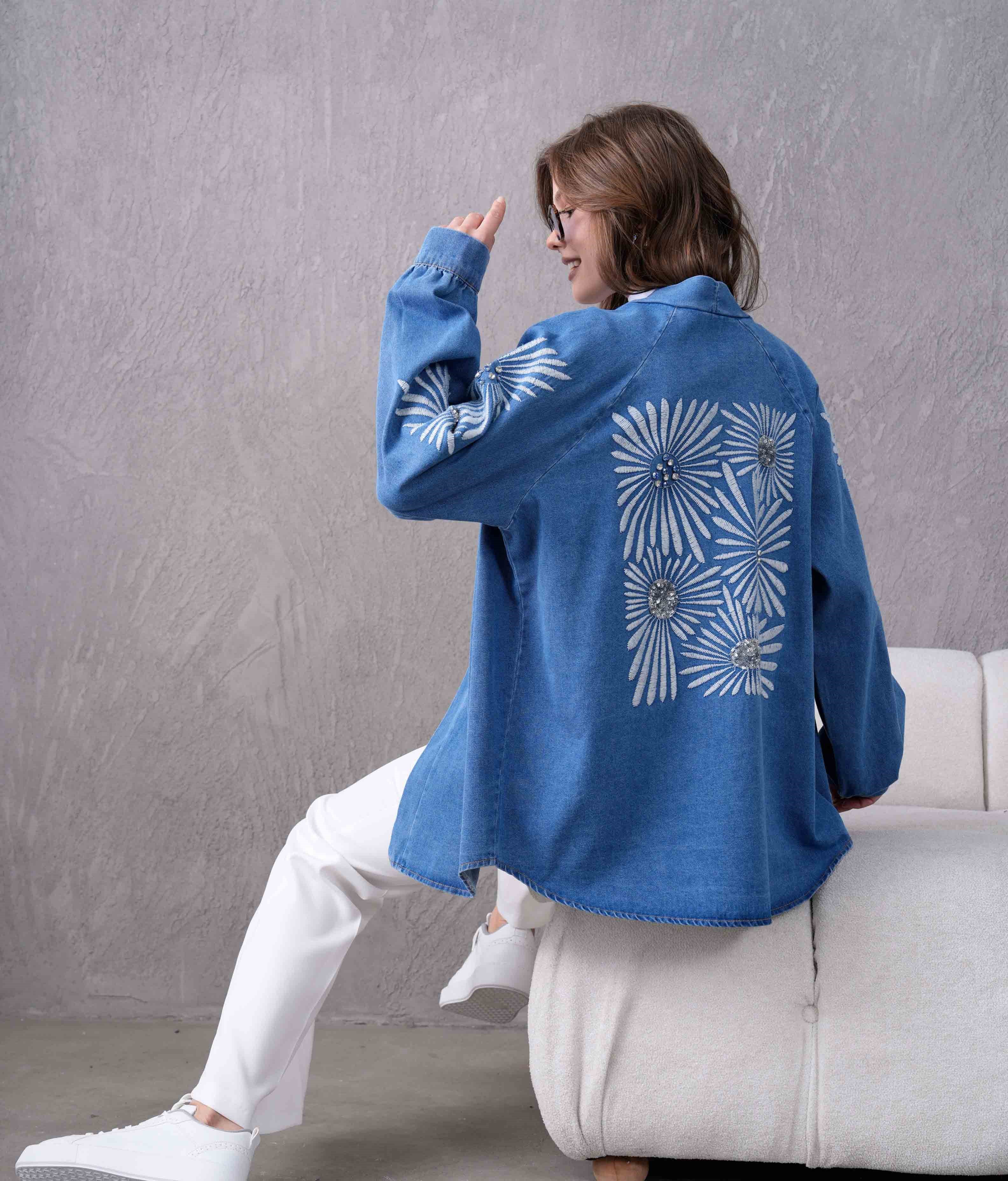 Serel İşlemeli Kot Kimono - Mavi