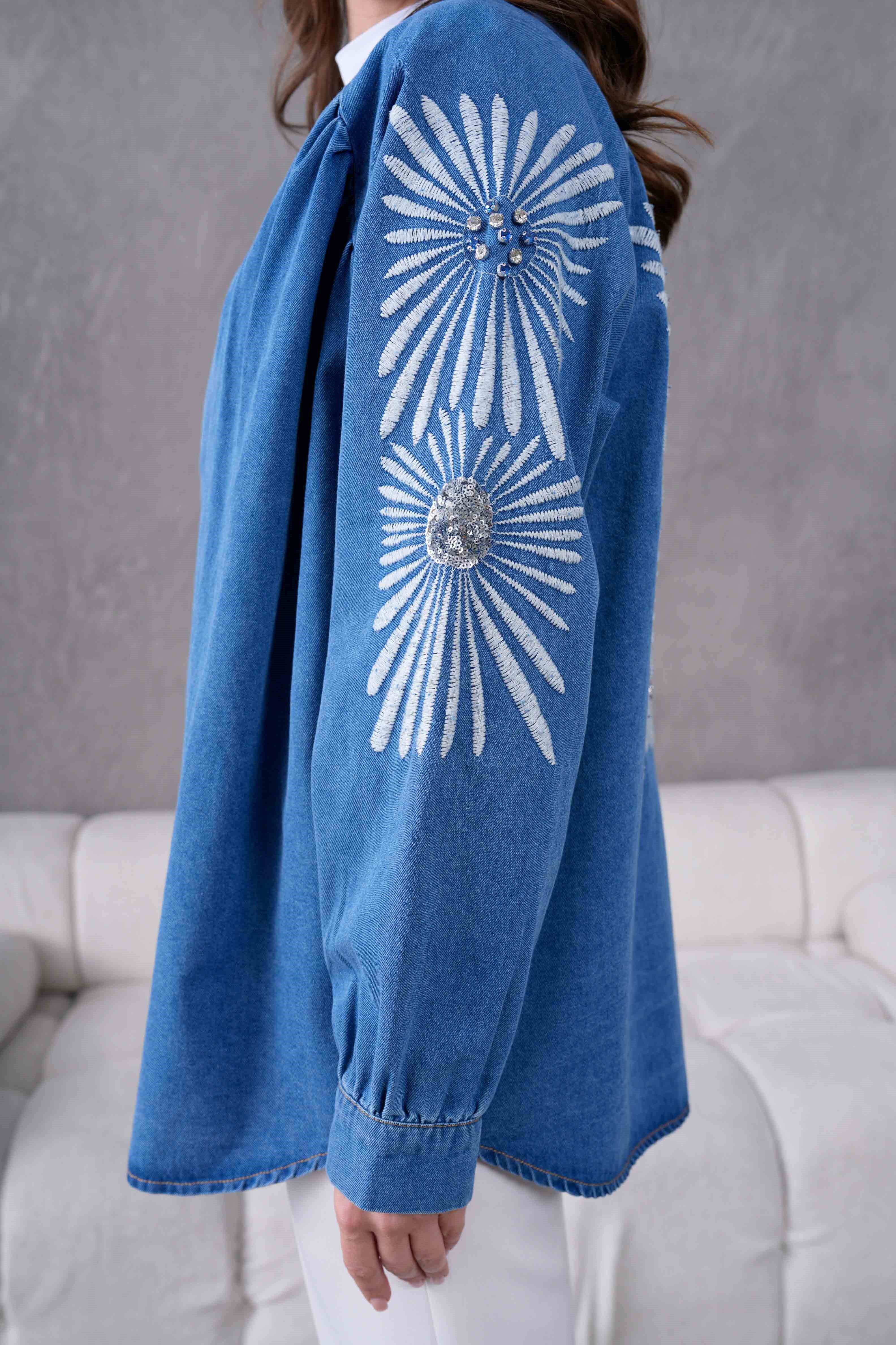 Serel İşlemeli Kot Kimono - Mavi