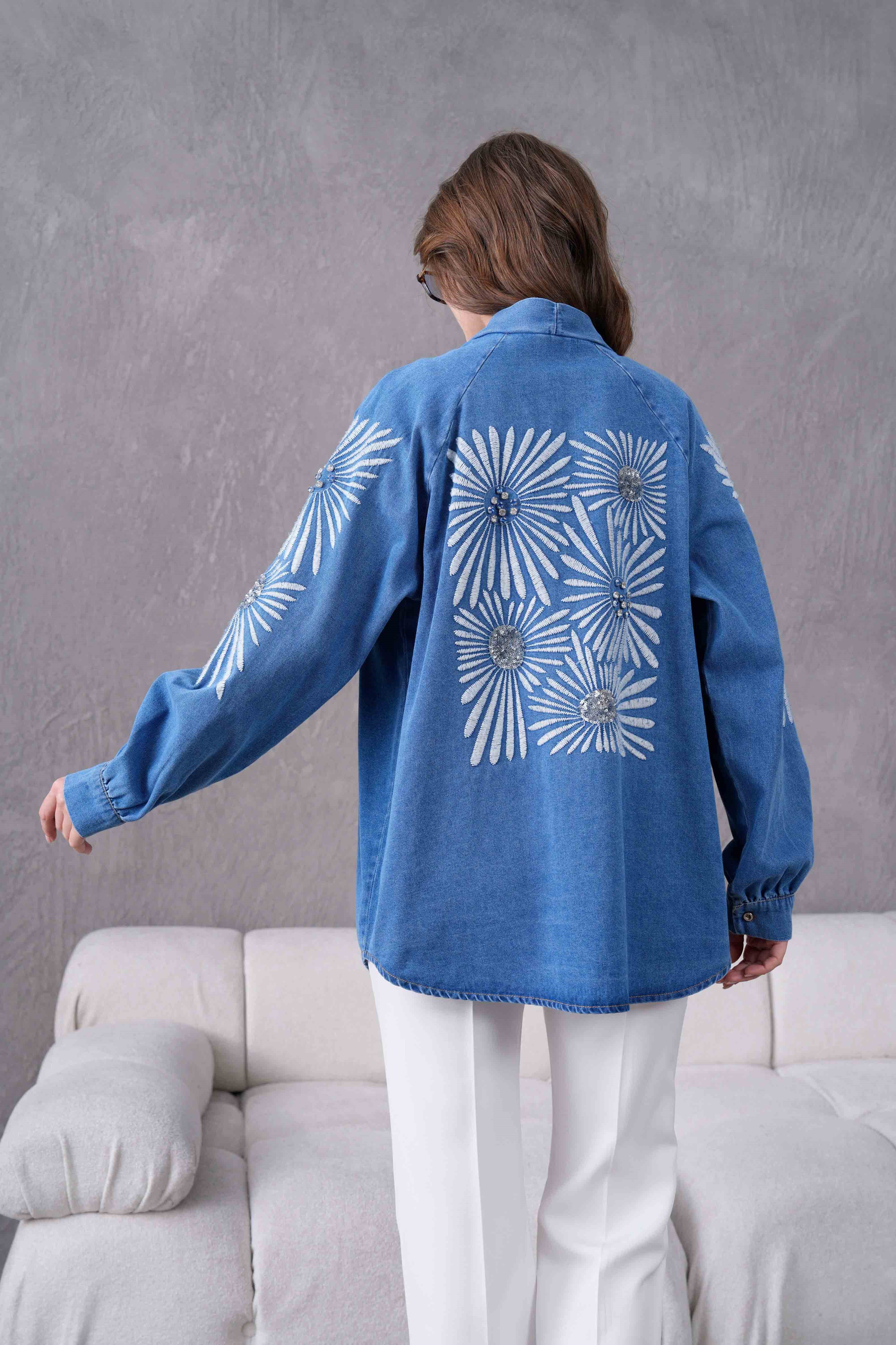 Serel İşlemeli Kot Kimono - Mavi
