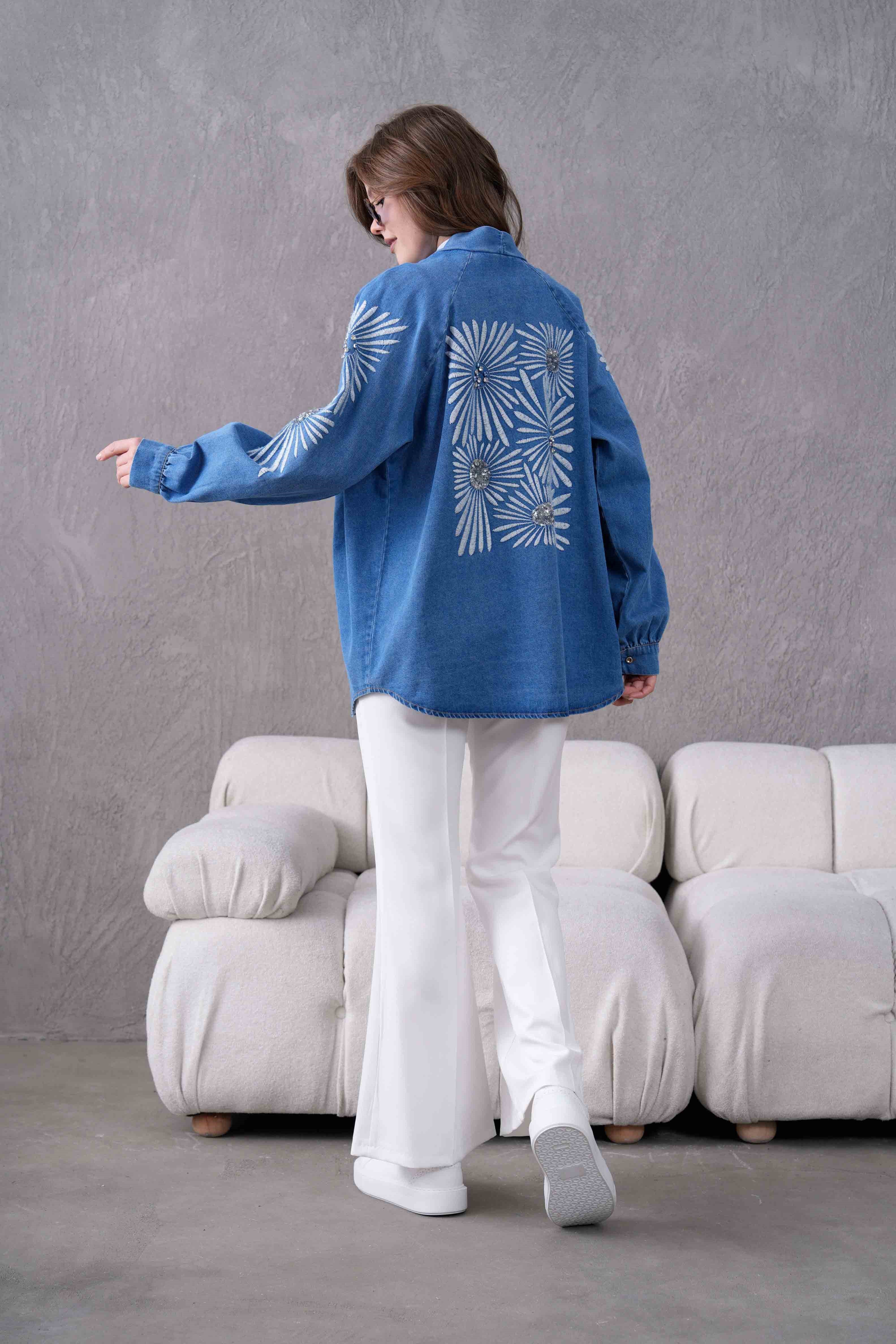 Serel İşlemeli Kot Kimono - Mavi