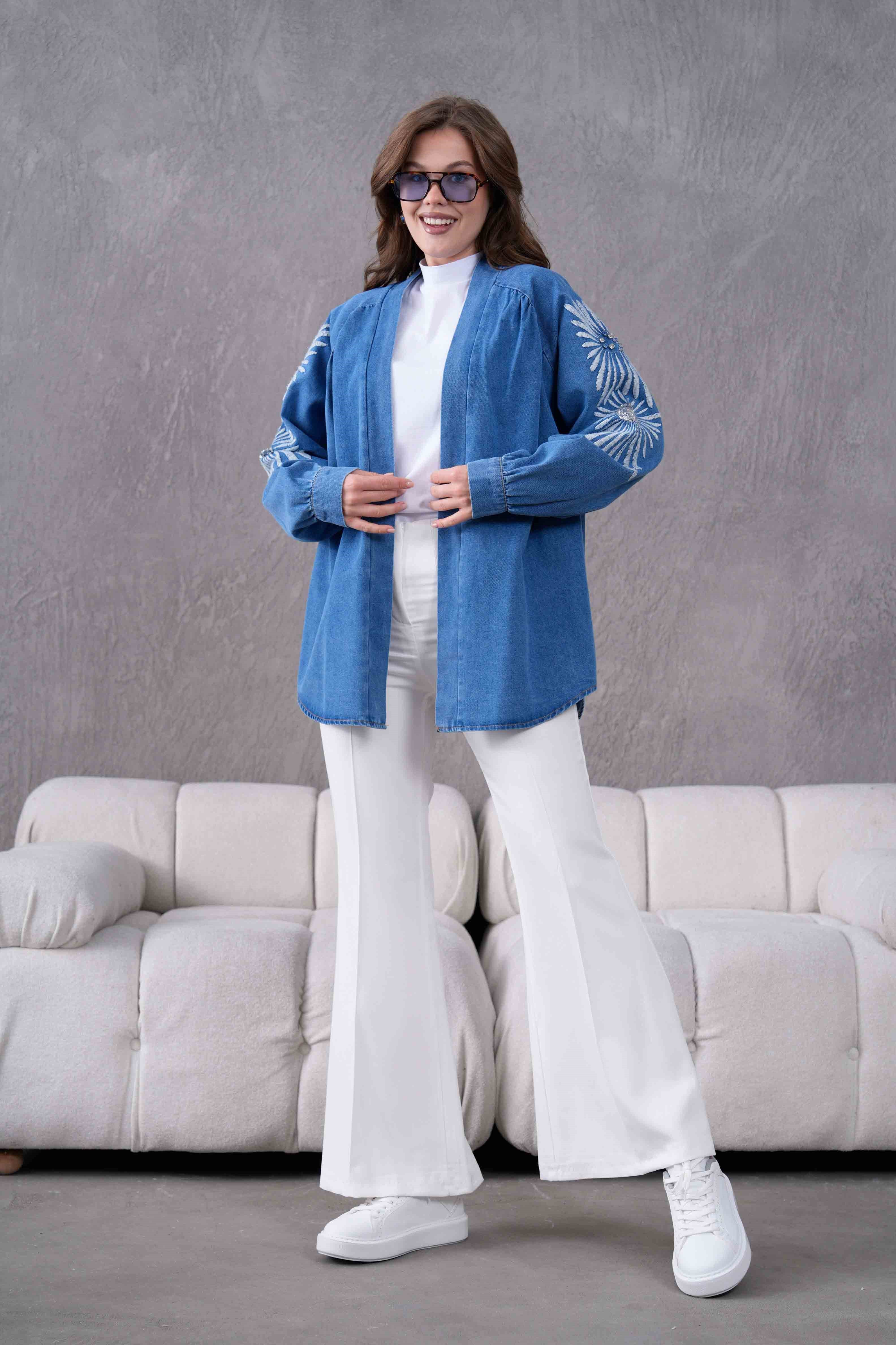 Serel İşlemeli Kot Kimono - Mavi
