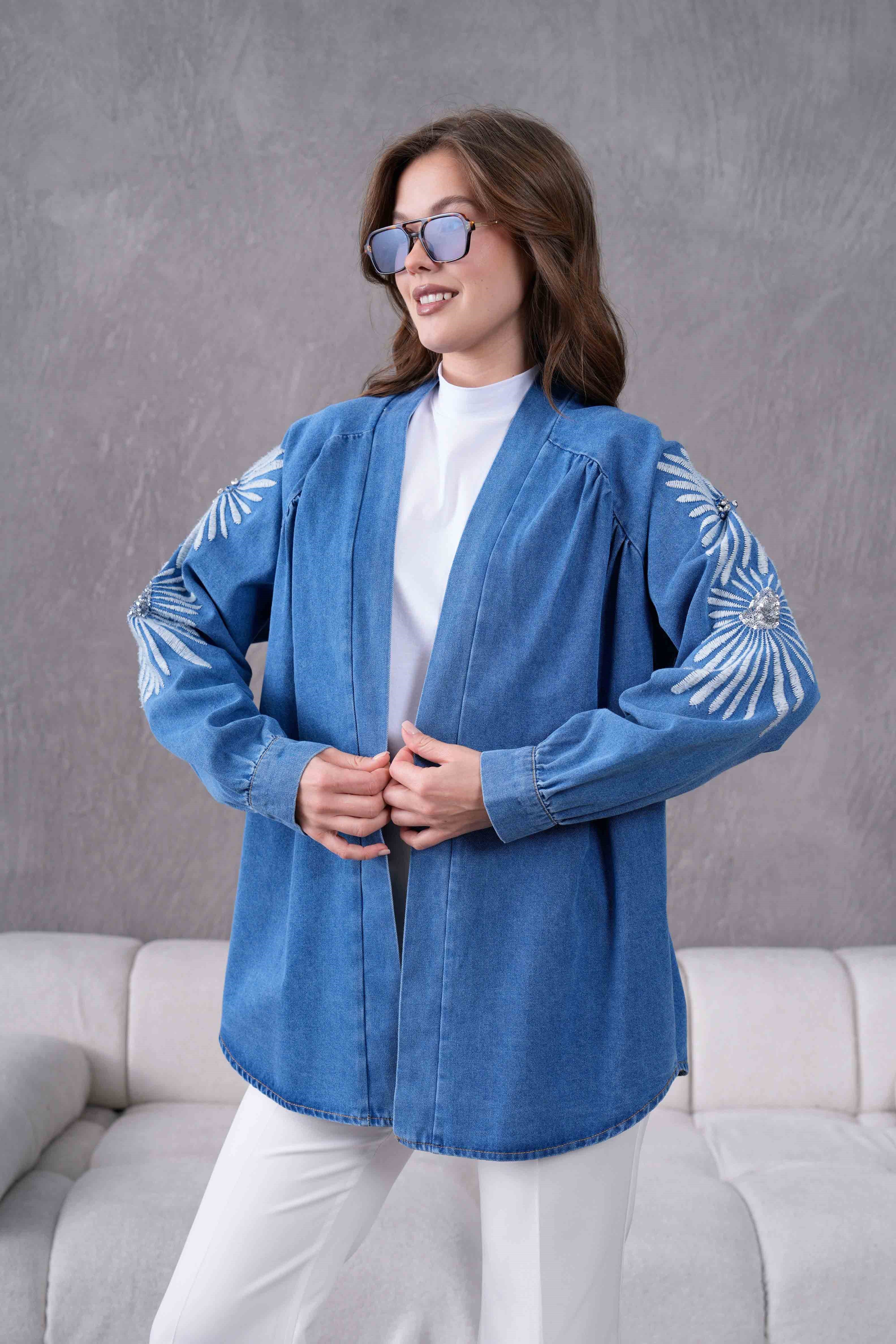 Serel İşlemeli Kot Kimono - Mavi