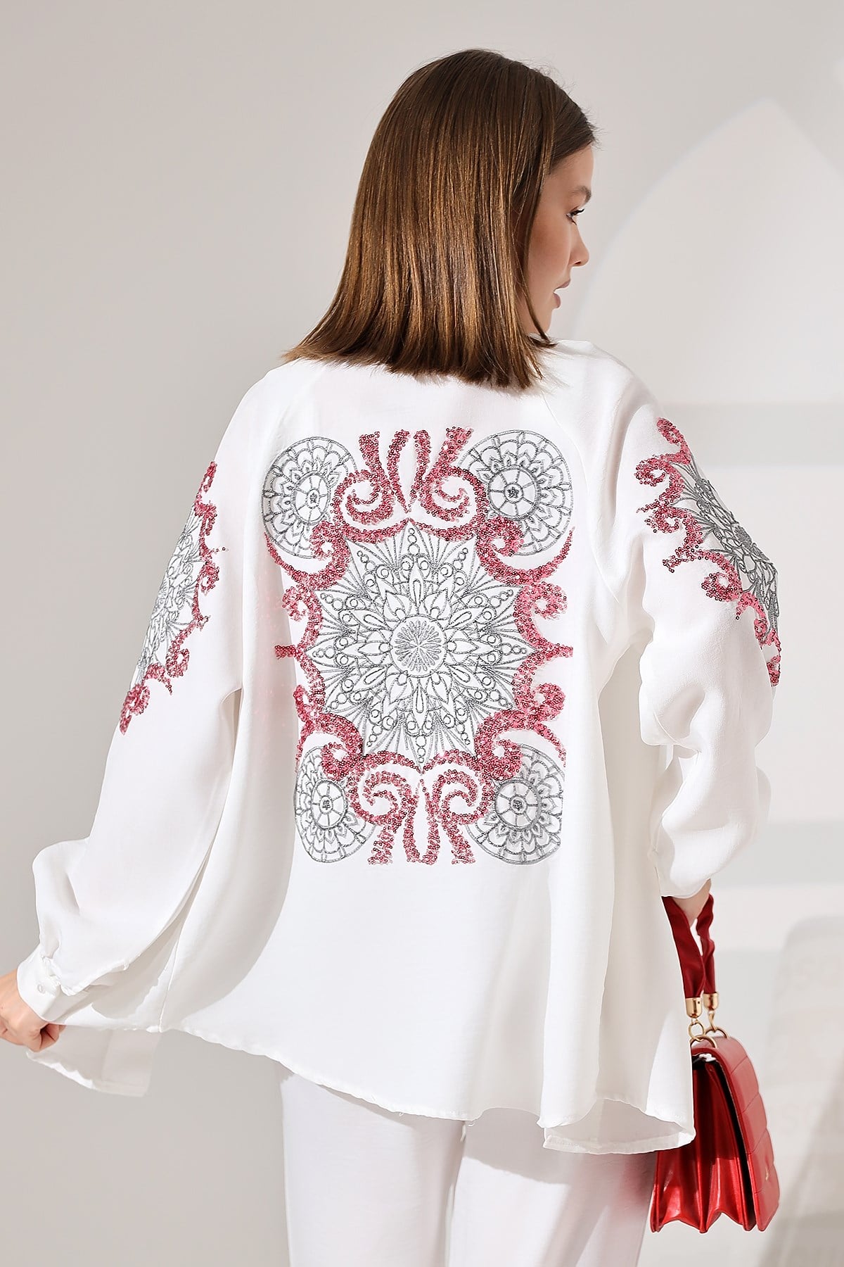 Seyla İşlemeli Keten Kimono Takım - Ekru