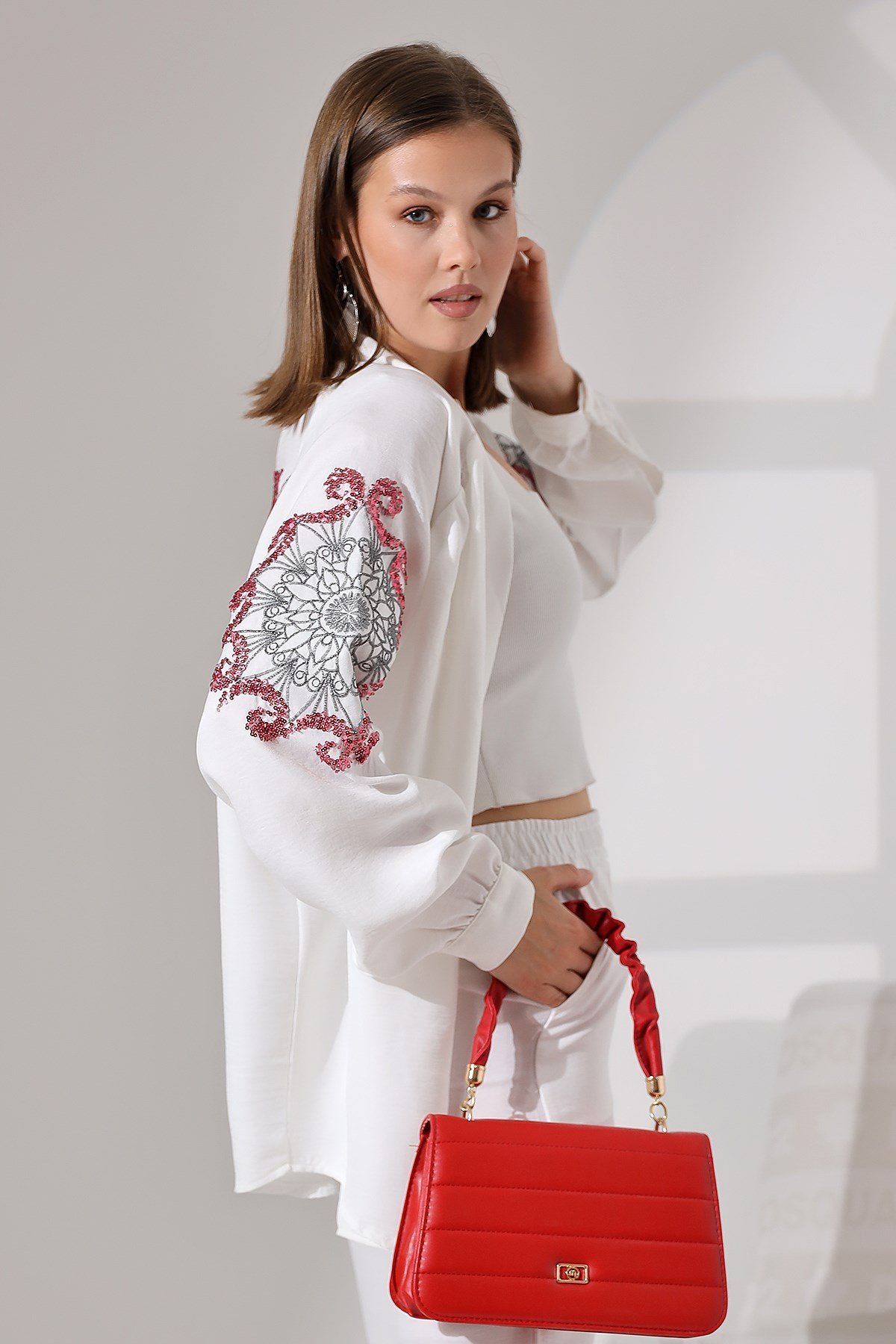 Seyla İşlemeli Keten Kimono Takım - Ekru