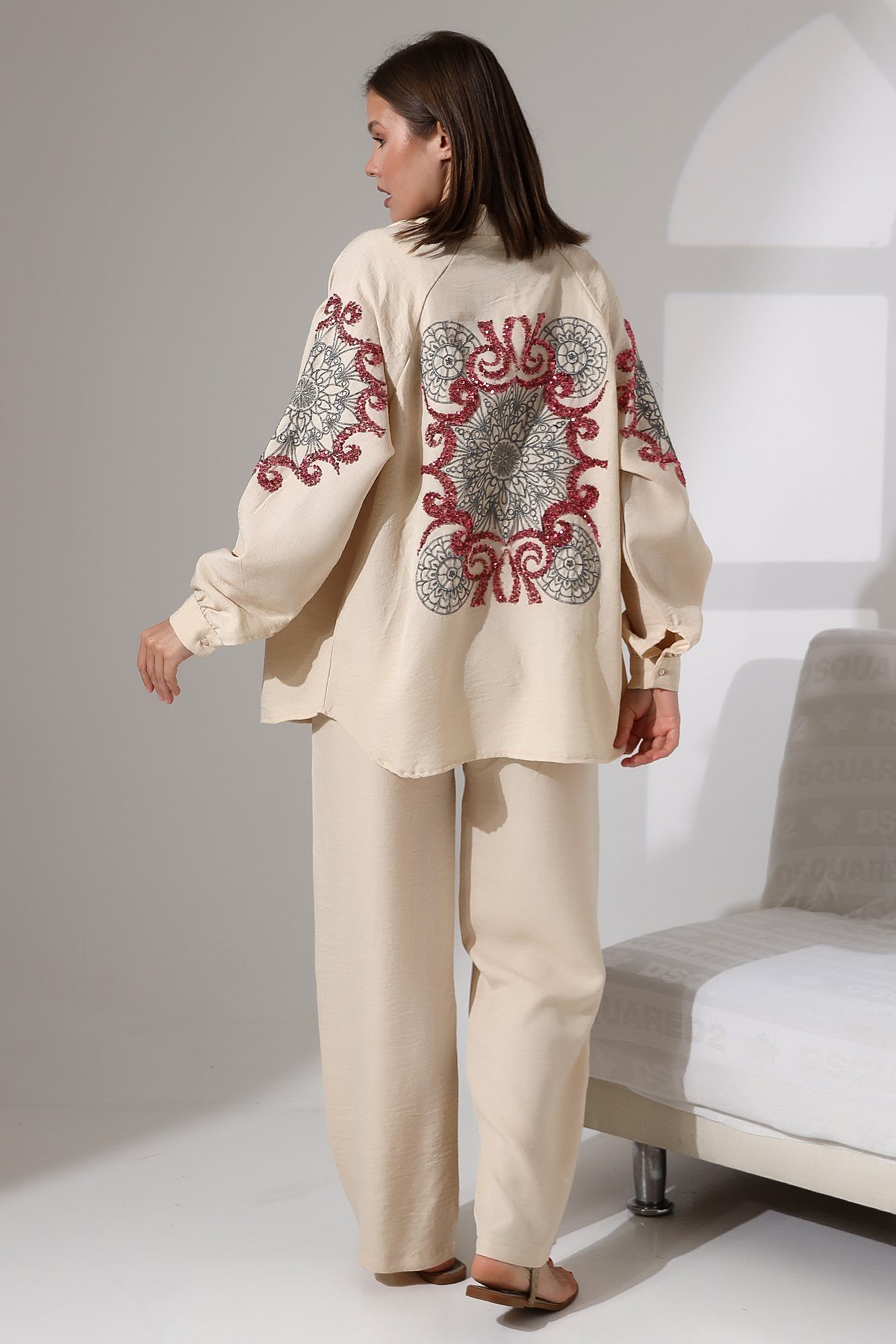 Seyla İşlemeli Keten Kimono Takım - Taş