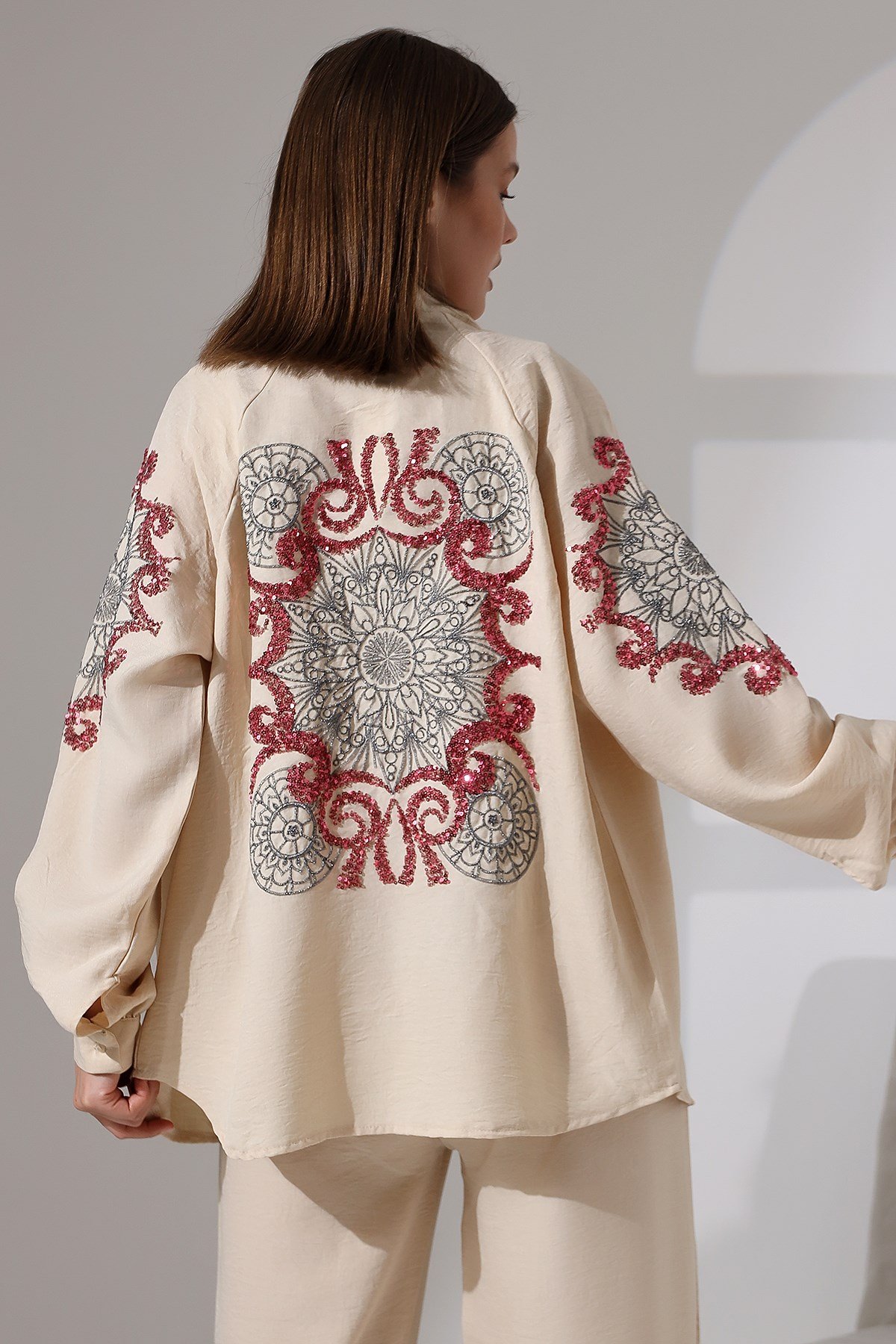 Seyla İşlemeli Keten Kimono Takım - Taş